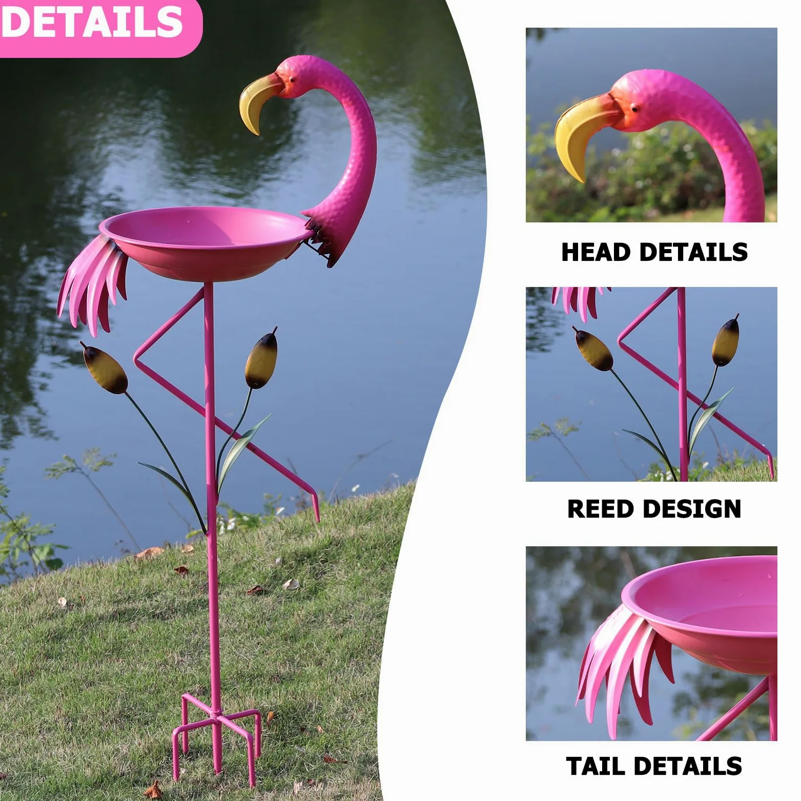 Baño para pájaros de flamenco, de 31 cm de profundidad x 114 cm de alto, baños de metal para pájaros para exteriores, comedero para pájaros con estaca de 5 puntas para decoración de jardín