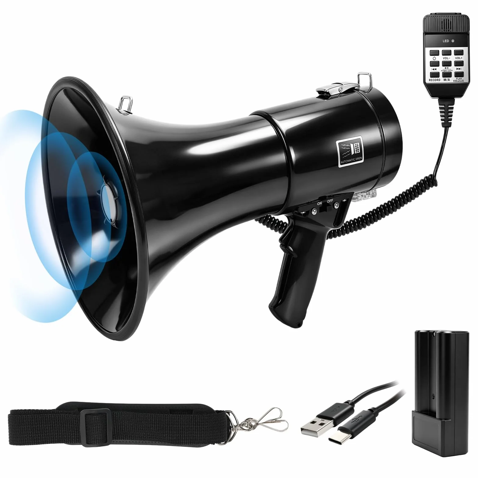 WingFly Megáfono 150W Bluetooth Grabación Alcance 2000m Altavoz Sirena Micrófono Externo USB