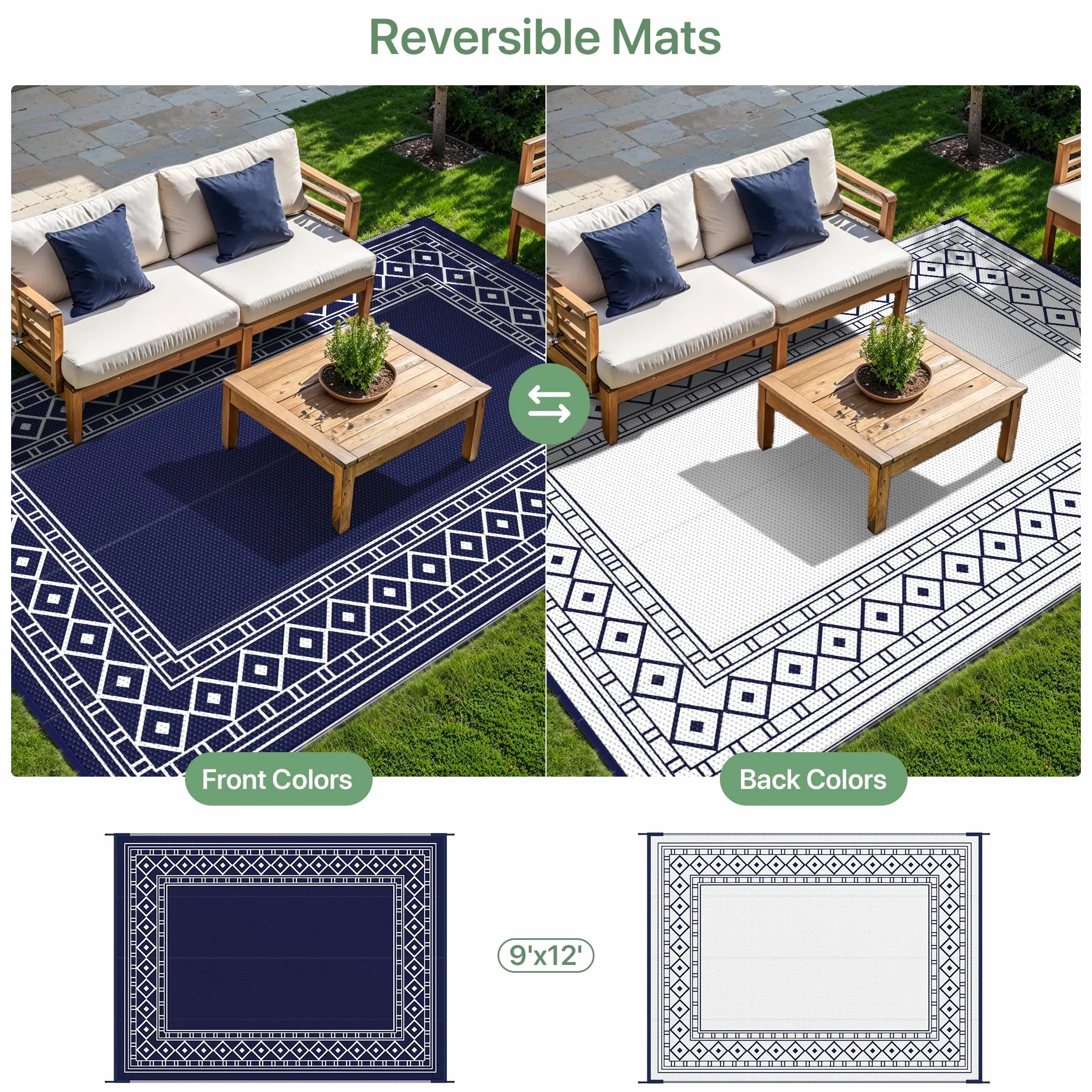 GENIMO Alfombra de exterior impermeable de 9 x 12 pies para patio, plegable, reversible, de pajillas de plástico para remolques de viaje, tapete de exterior para caravana, cubierta, picnic, porche,