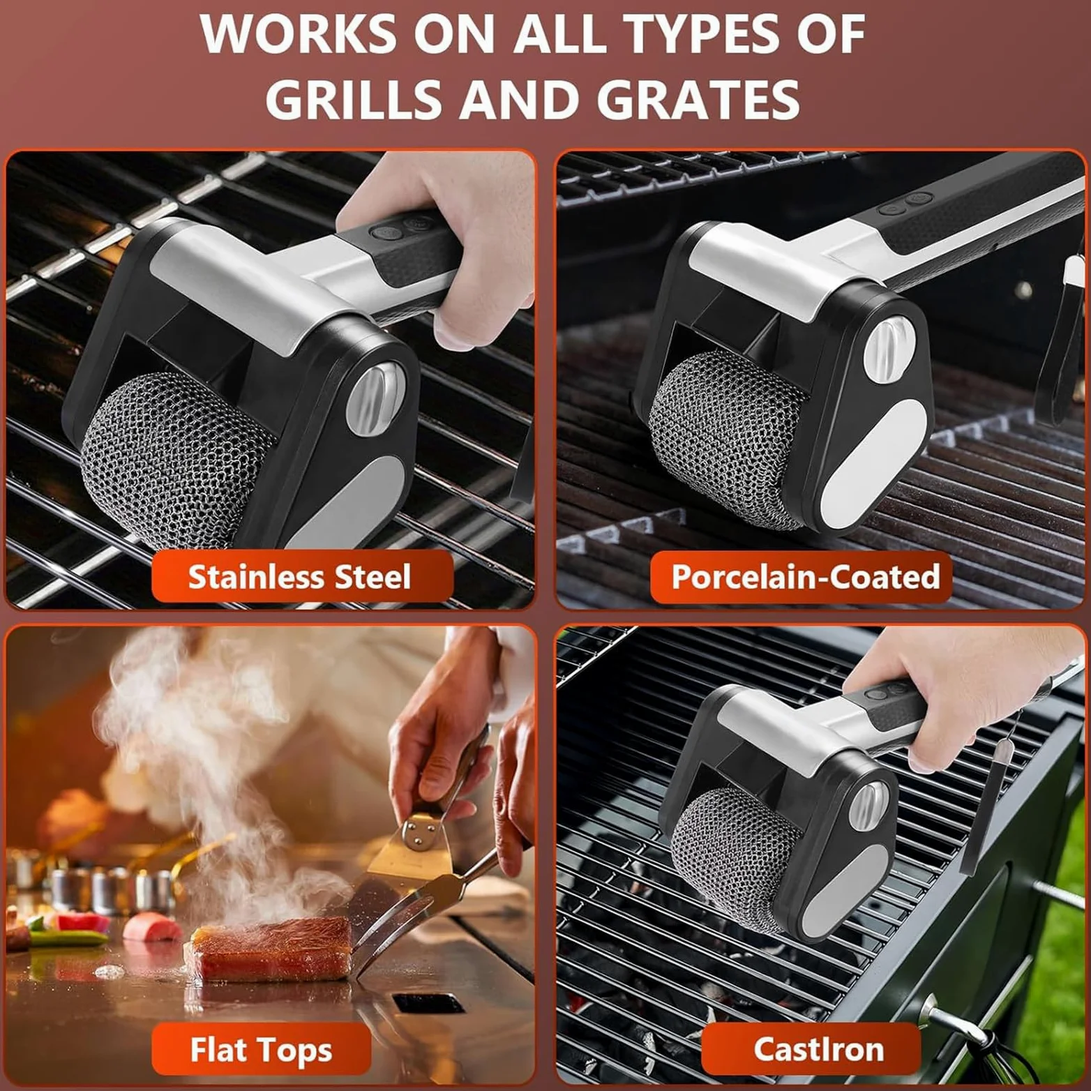 Limpiador eléctrico de parrilla, cepillo recargable para barbacoa con rodillo de acero inoxidable de 350 RPM y luz LED, herramienta sin cerdas para una limpieza eficiente de barbacoas y parrillas