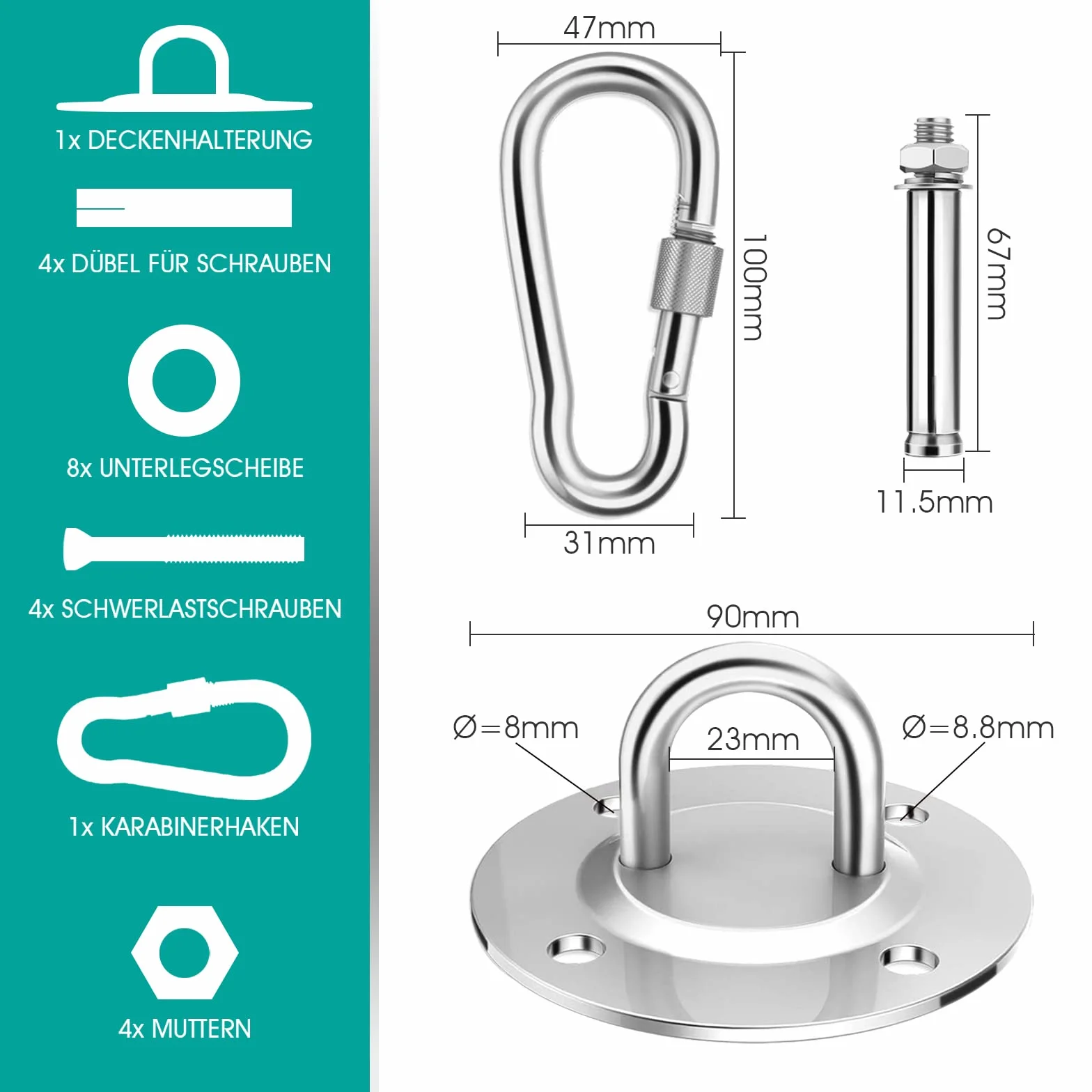 Gancho de Techo, Soporte de Techo para Saco de Boxeo de Acero Inoxidable de hasta 400 kg, Gancho de Techo Resistente para Hamaca para Silla Colgante, Saco de Boxeo (2 Piezas)
