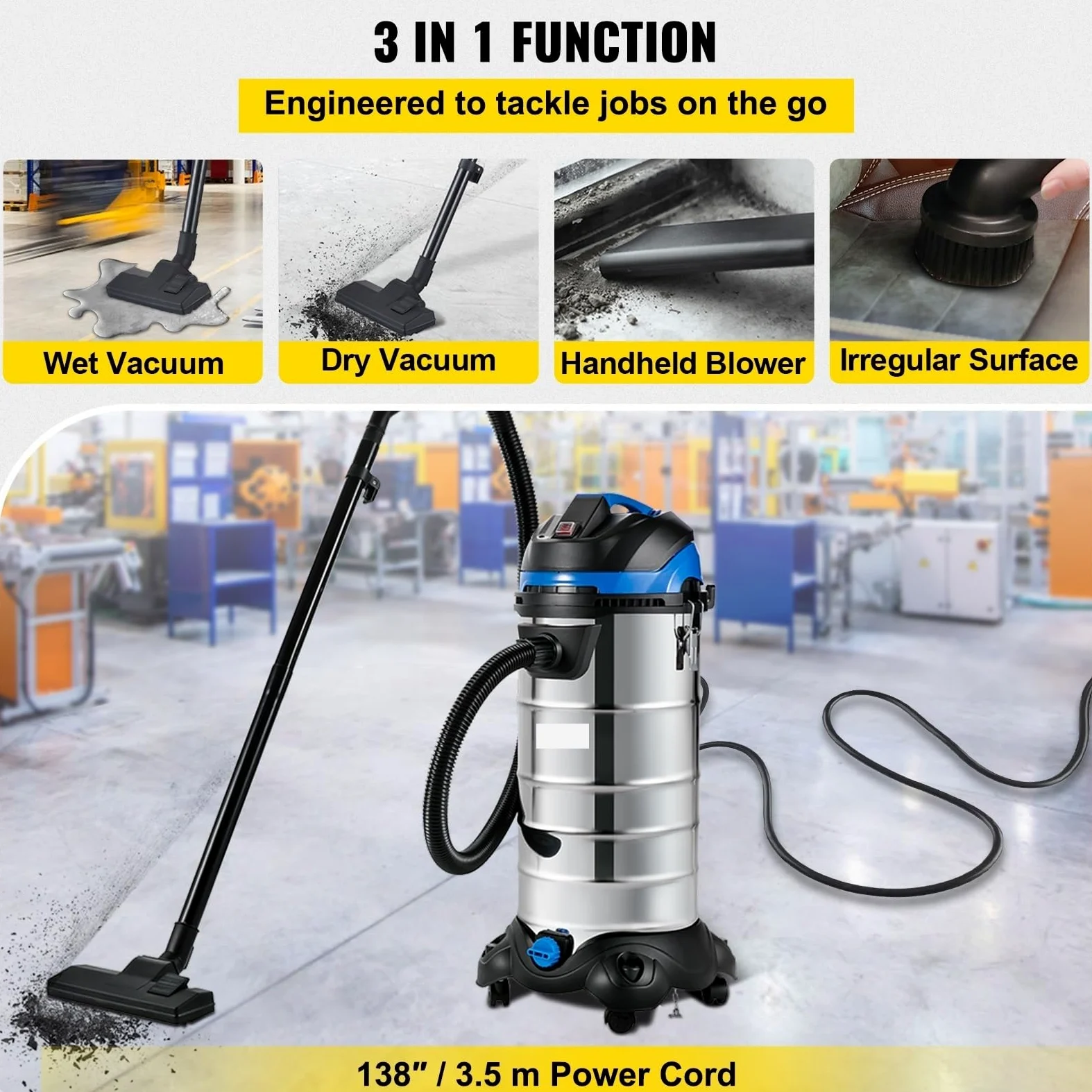 Colector de extractor de polvo Wet & Aspiradora en Seco 6.5-13.5 Gal. de filtración HEPA for la limpieza del hogar y del lugar de trabajo(11 Gallon (40 L))