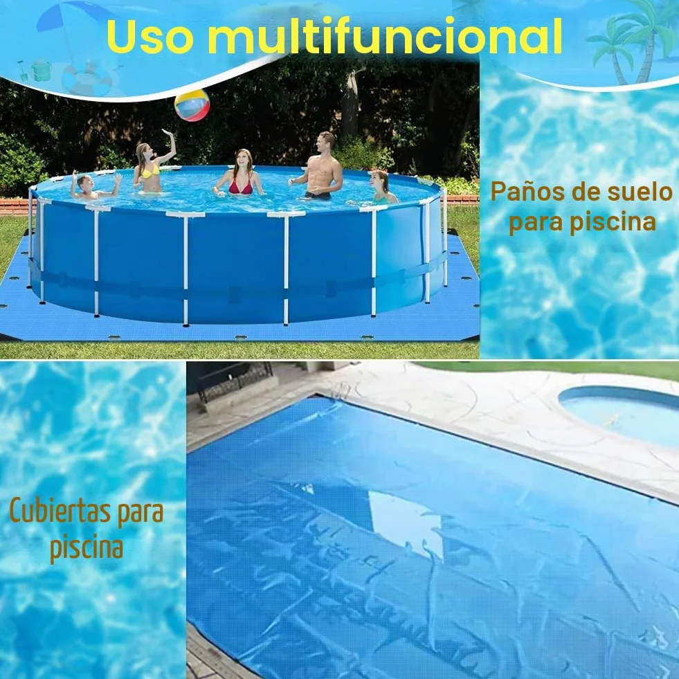 Roadtime Lona de suelo de piscina, 120 g/m², gruesa, cuadrada, con 4 ganchos y 20 m de cuerda de nailon, base de piscina con agujeros, lona impermeable y resistente a desgarros (4 x 4 m, azul)