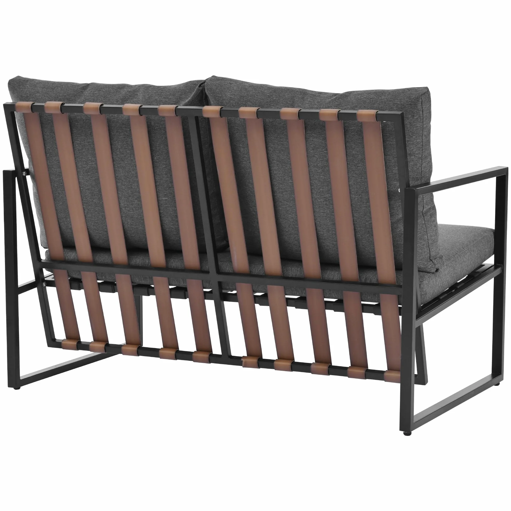 Moimhear Juego de sofá de 4 piezas para exteriores, mesa de café con capa de almacenamiento, tubo de acero galvanizado, diseño de correa de PVC, mesa de cristal templado, cojines extraíbles y lavables