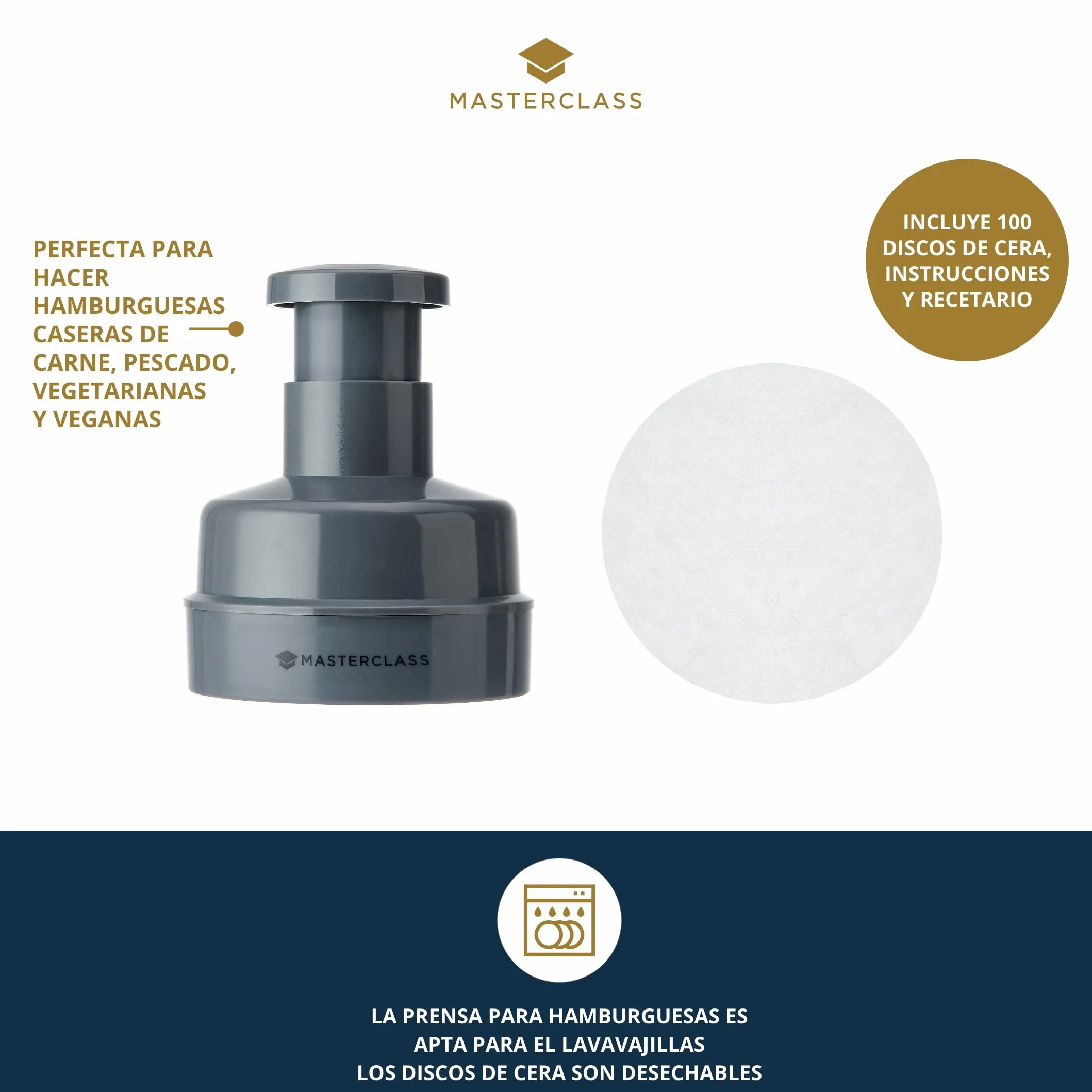 MasterClass Burger Maker Press, Burger Patty Maker para hamburguesas caseras, kit antiadherente para hamburguesas con molde para hamburguesas, 100 discos de cera y un libro de recetas.