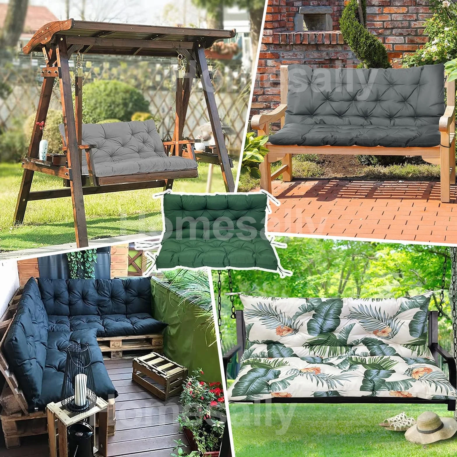 Impermeable al aire libre Swing Cushions with Backrest 2/3 Seater Bench Cushion for Garden Furniture Dark Grey Seat Replacement Cushions 150 x 100 x 10 cm Includes 8 slips Ties