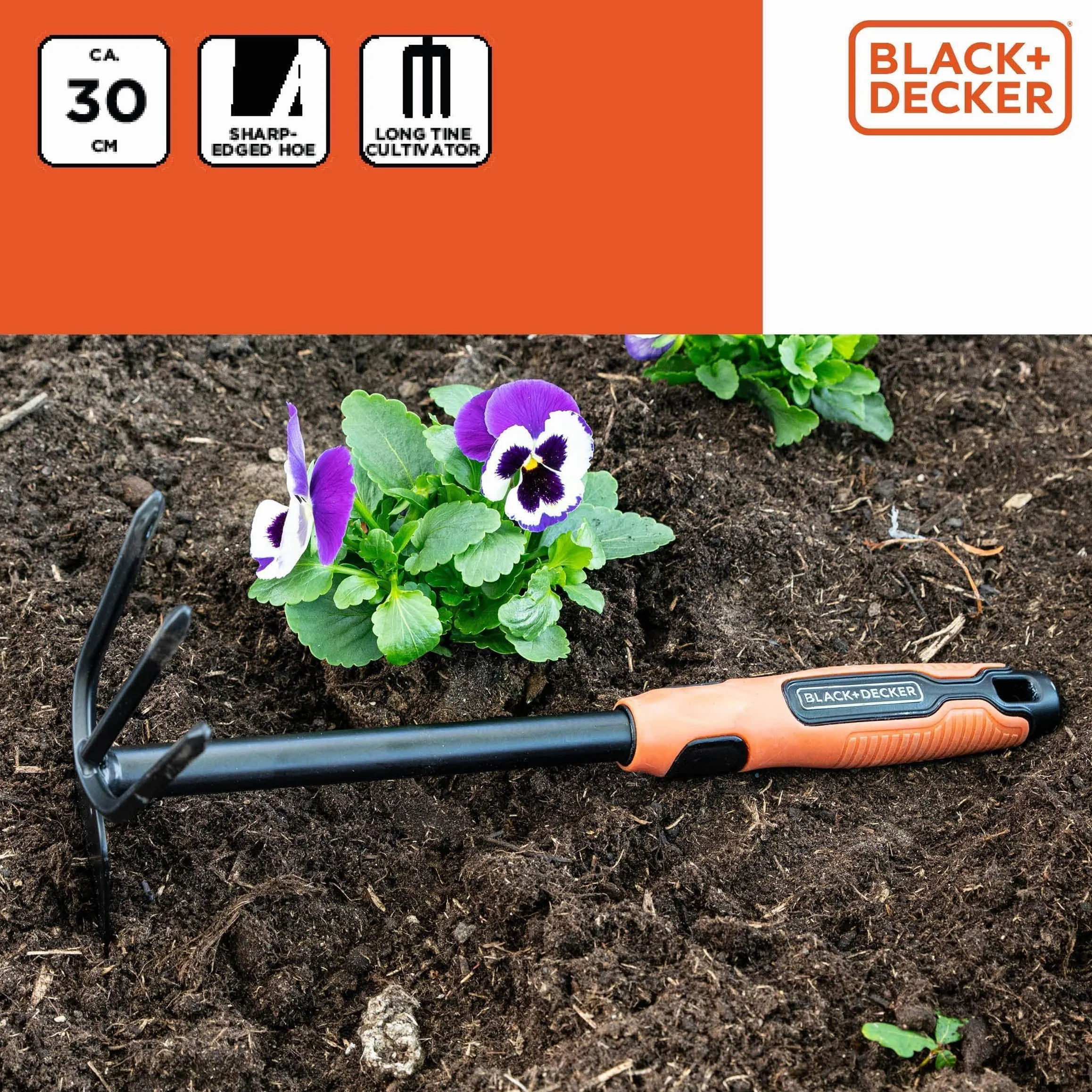 Black+Decker Doble azada – 3 Dientes y talón – 30 cm – Mango ergonómico – Negro/Naranja