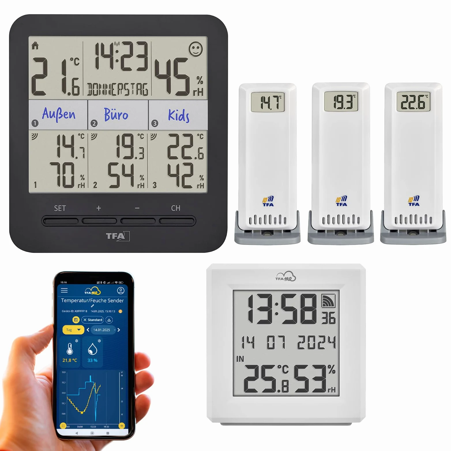 TFA Dostmann TFA.me ID-01 + Klima@Home2 - Kit de iniciación de seguimiento del clima interno, medición de temperatura y humedad, portal TFA.me, notificación por correo electrónico, prevención de moho