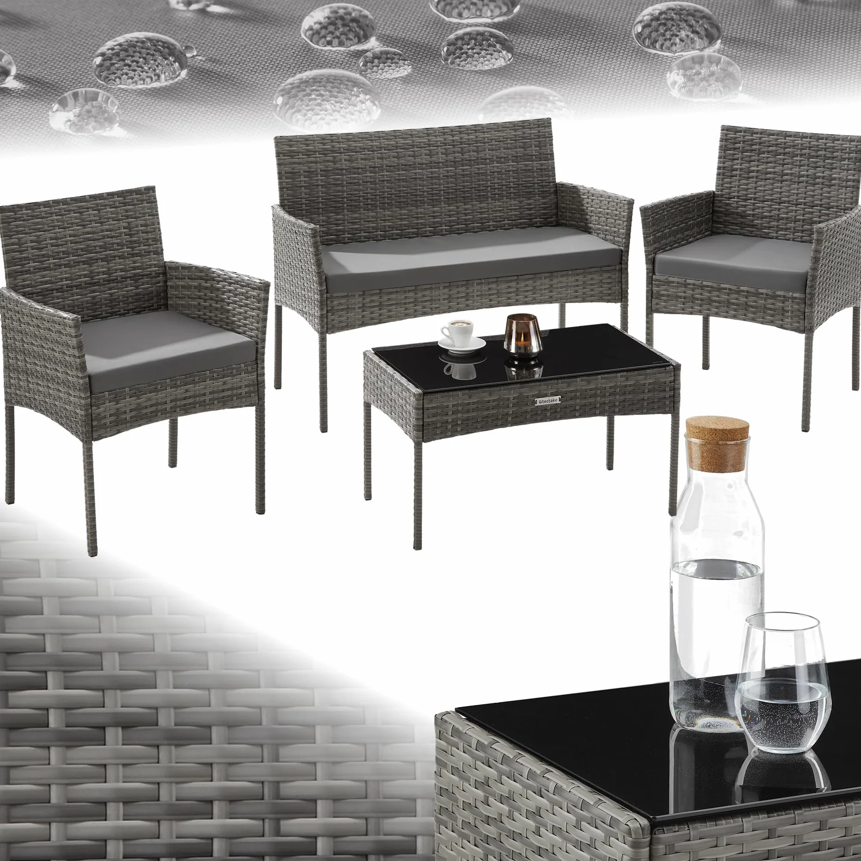 tectake® Conjunto Jardin Exterior de Ratán, Muebles Jardin Exterior para 4 Personas, Muebles Terraza con Mesa de Vidrio, Sofa Exterior y Sillas con Cojines Lavables, Sillon Cómodo - Gris
