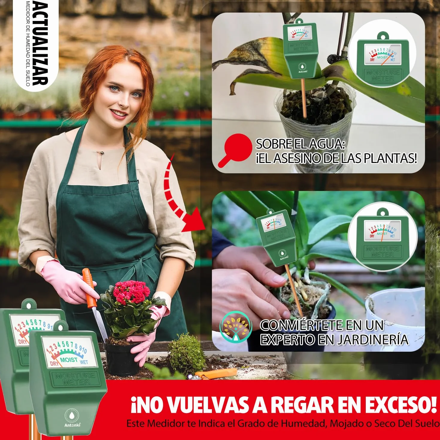 Antonki 2 Piezas Medidor Humedad Plantas, Higrometro Plantas de Suelo, Monitor de Riego de Flores para Plantas de Interior y Exterior, No se Necesitan Baterías