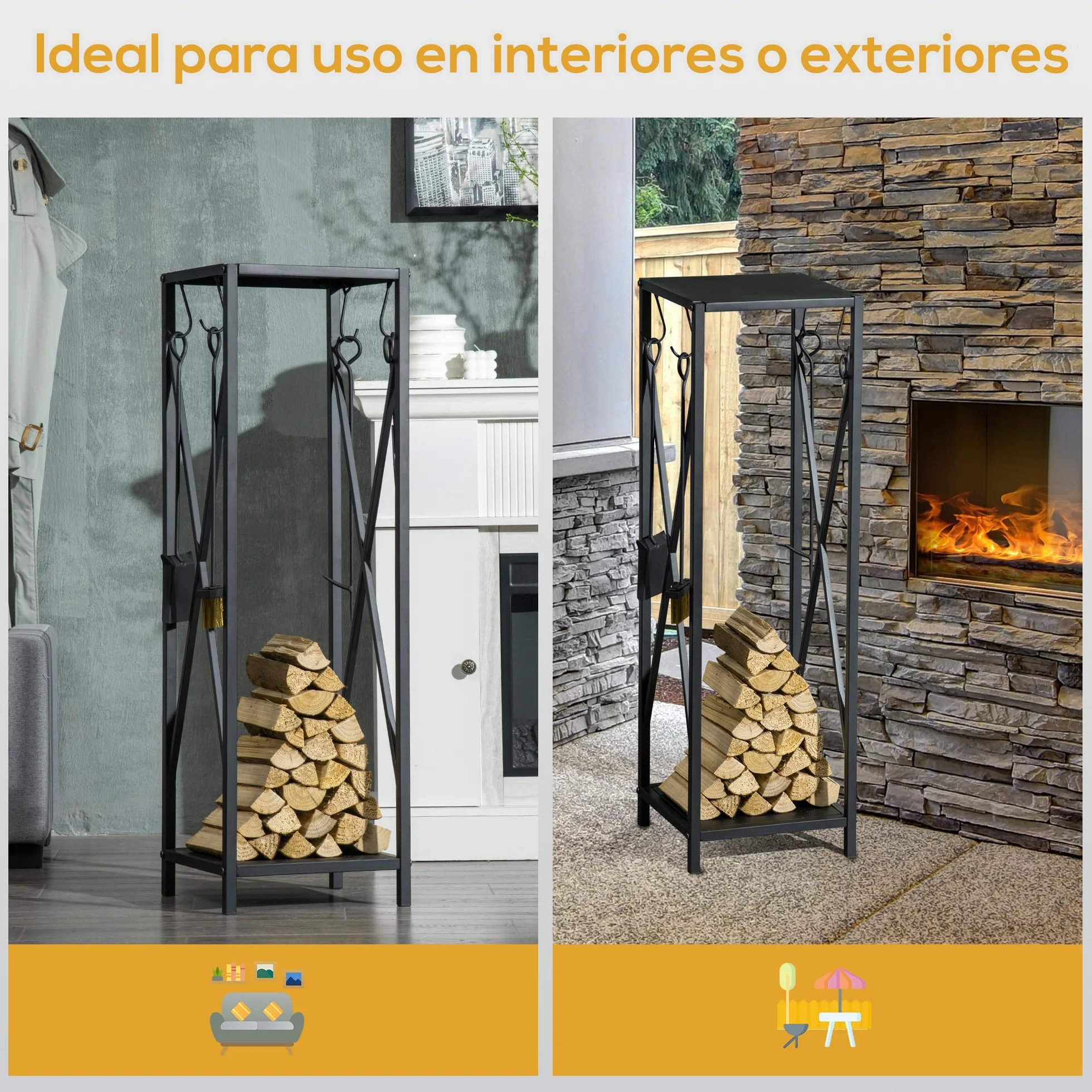 Outsunny Soporte para Leña Estante de Leña Metálico Leñero de Exterior con Ganchos Pala Cepillo Atizador y Tenazas Carga 65 kg para Interior y Exterior 34x34x111 cm Negro