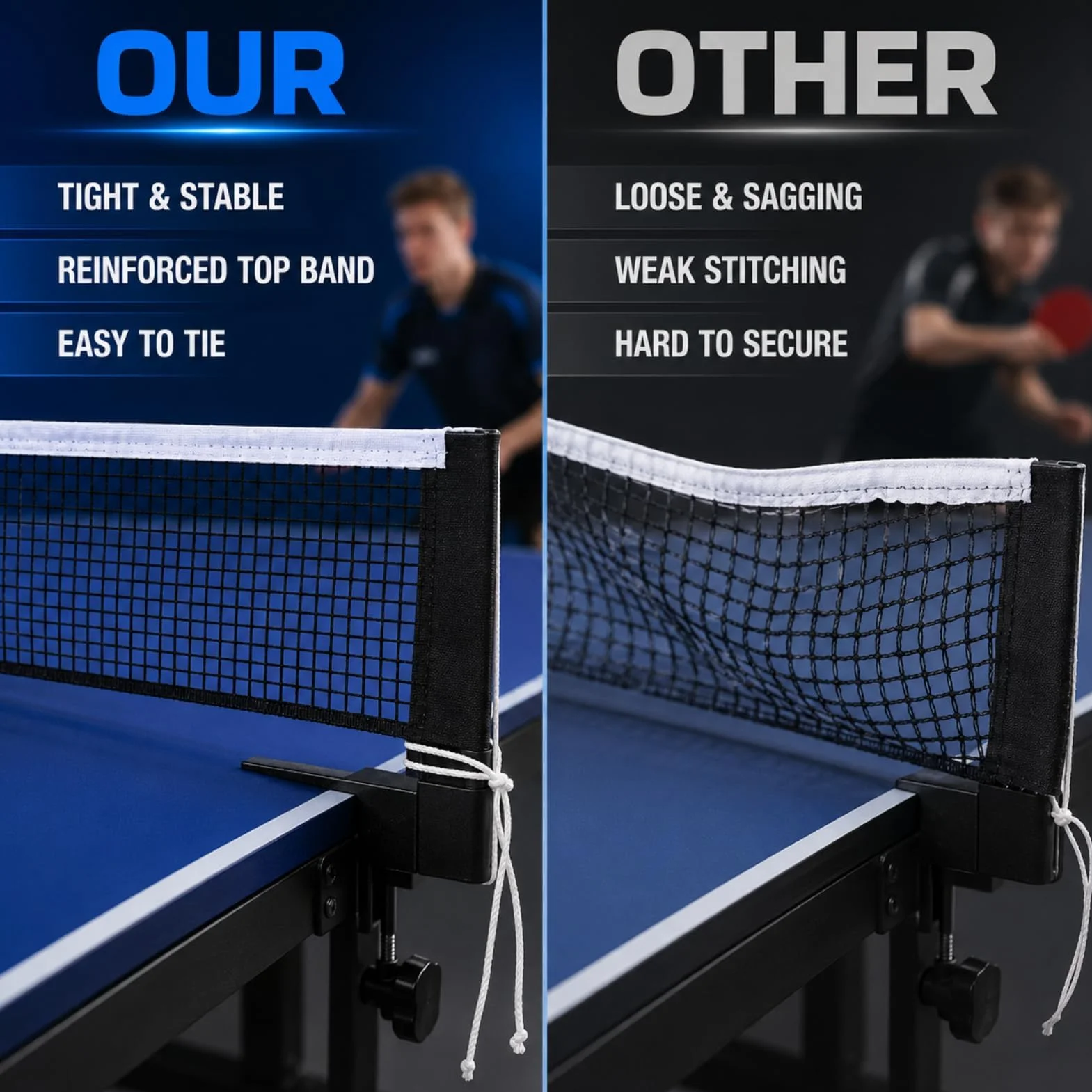 Red de Ping Pong de Poliéster-Algodón Negro 1.75m, Repuesto para Mesa de Tenis, Universal Interior y Exterior