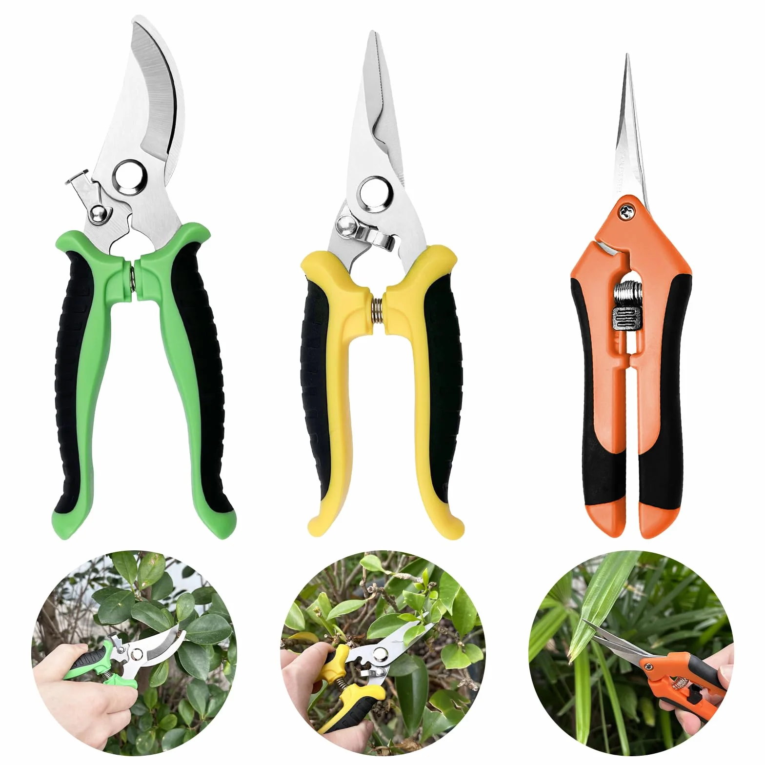Chiluxendo 3 Piezas Tijeras de Podar de Mano, Tesoura de Podar Ergonómicas, Tijera Jardineria, Tijeras Poda Fuertes para Jardín,Tijeras de Jardinería de Calidad,Pruning Shears con Cierre de Seguridad