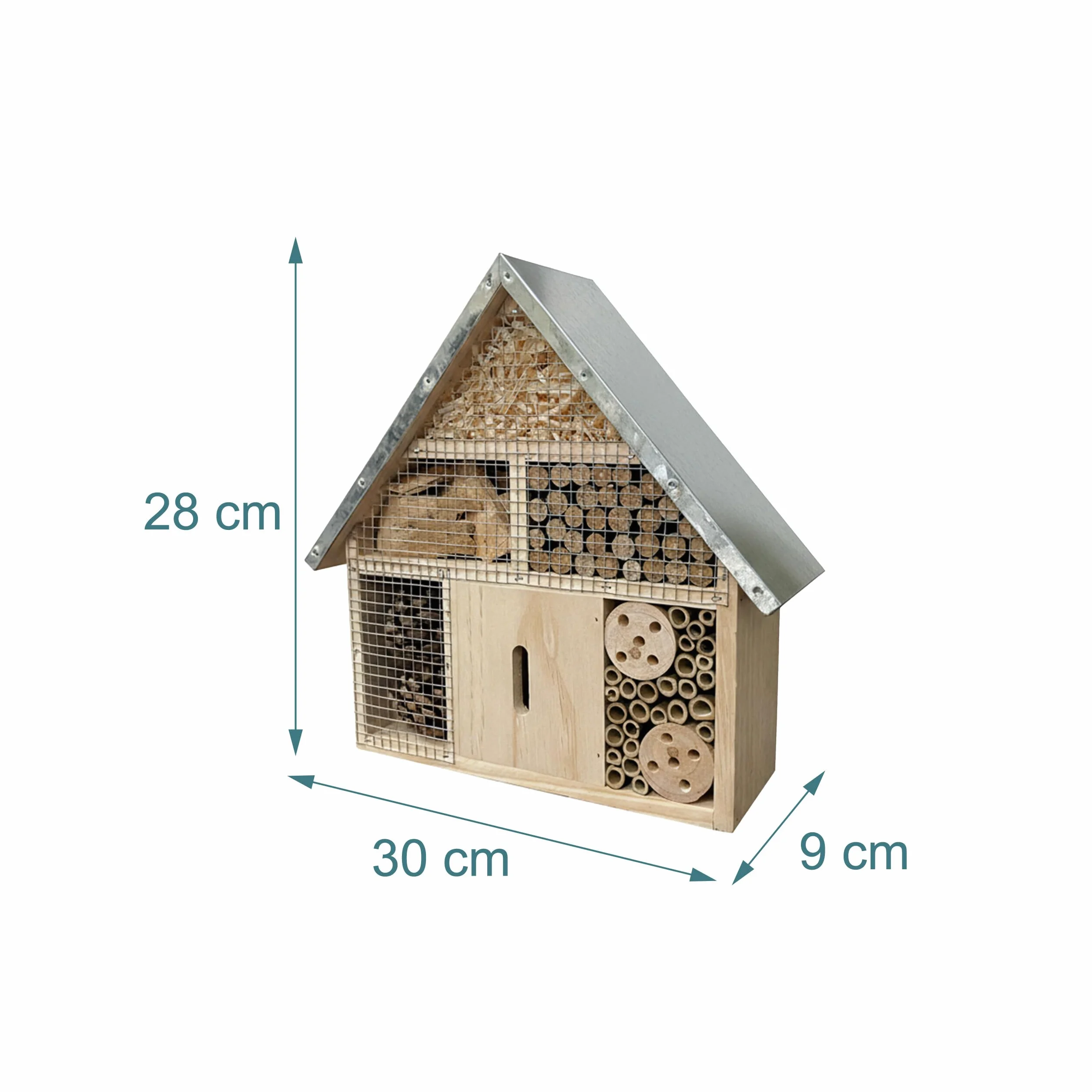 Relaxdays Hotel para Insectos en Madera con Techo Metálico Resistente, 28x30x9 cm, para Colgar, Natural/Plateado