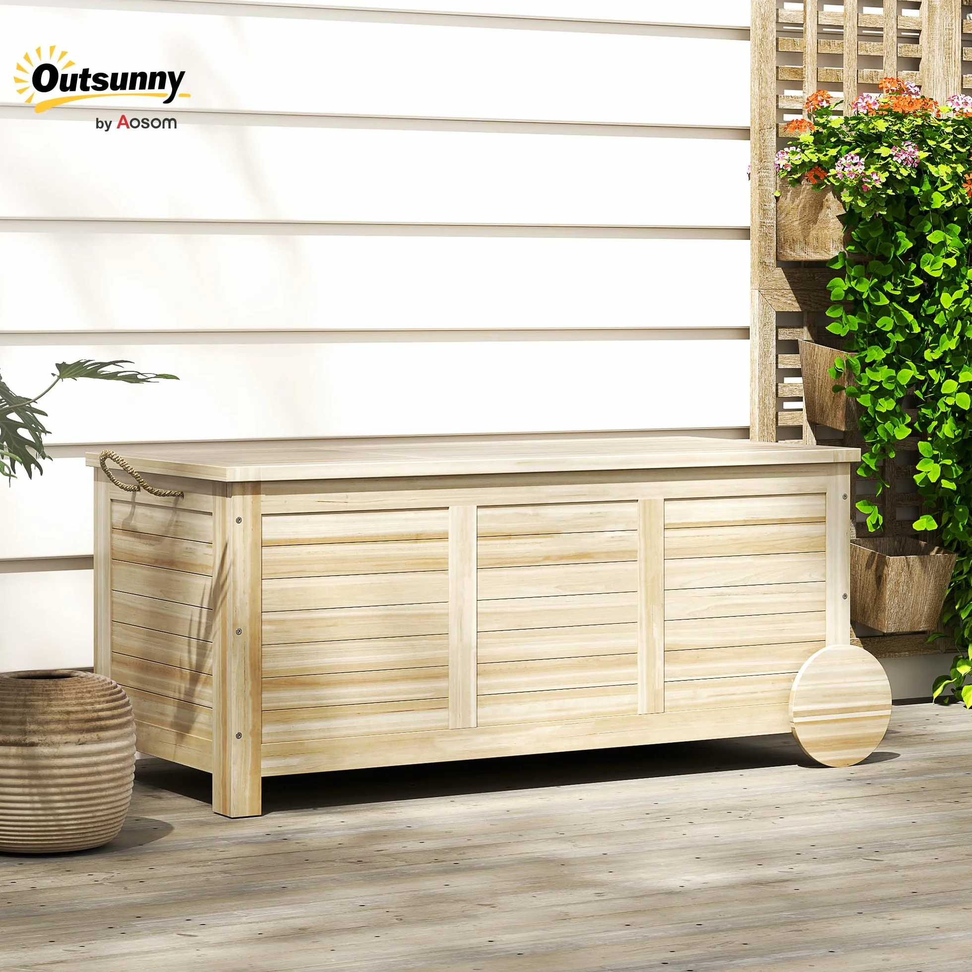 Outsunny Baúl de Almacenaje Exterior 185L, Arcón de Jardín de Madera con Tapa Abatible, 2 Ruedas, Bisagras Metálicas, Cuerdas de Lino y Forro Interior, 110x50x50 cm, Natural