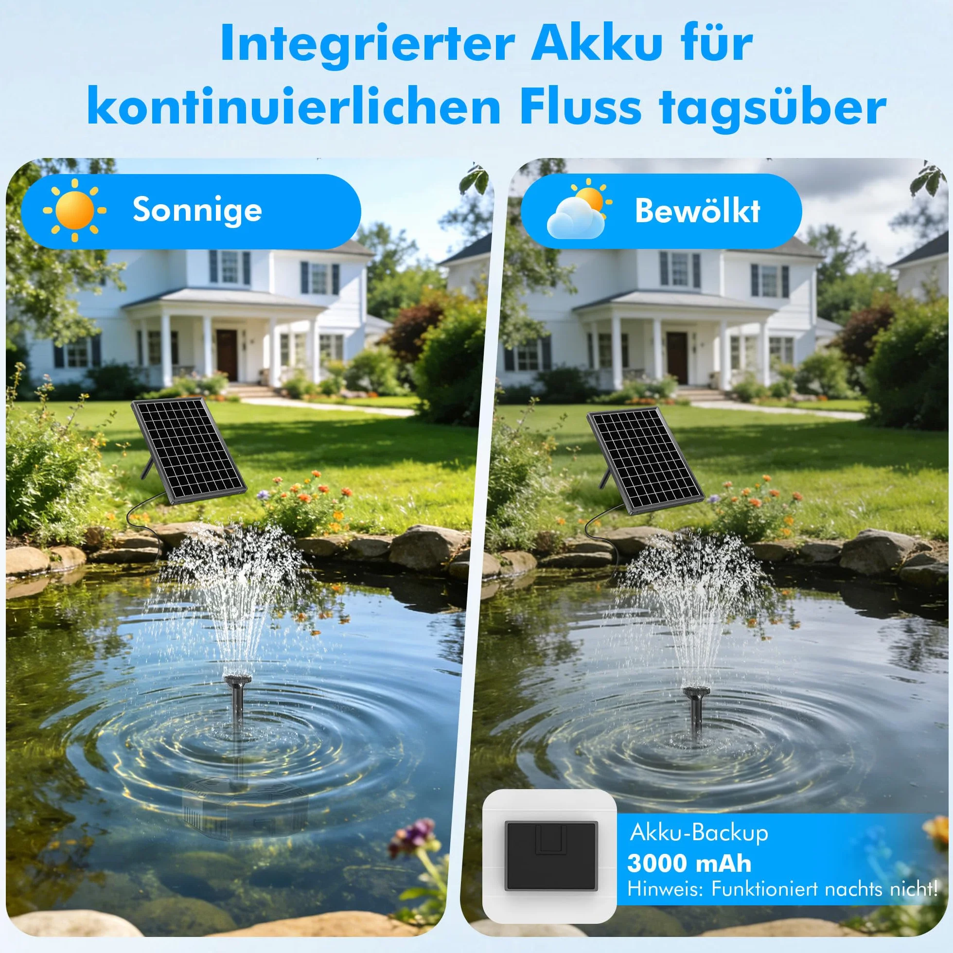 Biling Filtro solar para estanque de 6,5 W con batería y 10 boquillas, bomba solar para estanques claros de hasta 500 L, silenciosa bomba solar con tubo de agua para mini estanques de jardín, fuentes