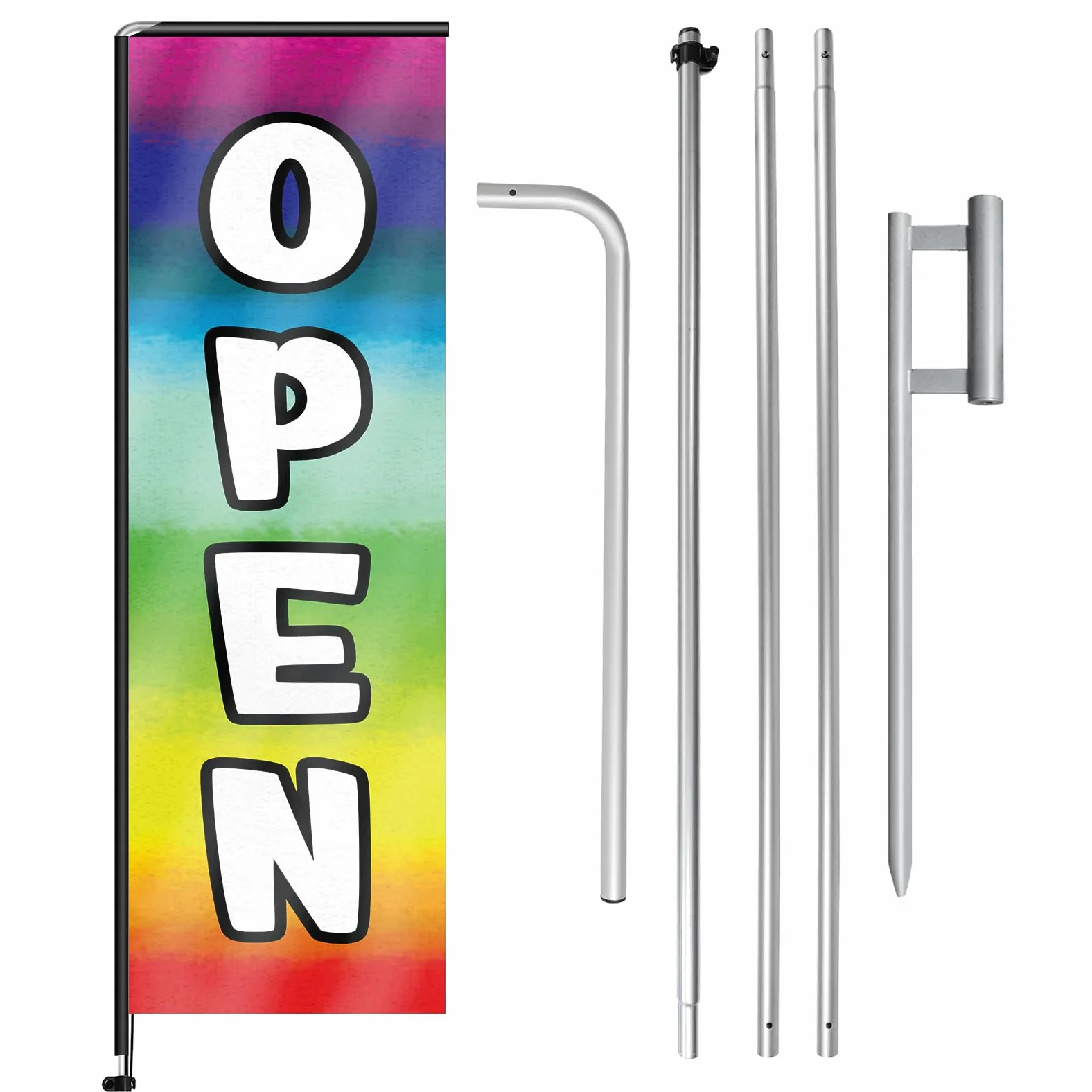 Bandera de plumas rectangular abierta multicolor con kit de mástil de bandera y estaca de tierra, bandera abierta sin viento de 11 pies, cartel de negocios para publicidad en interiores y