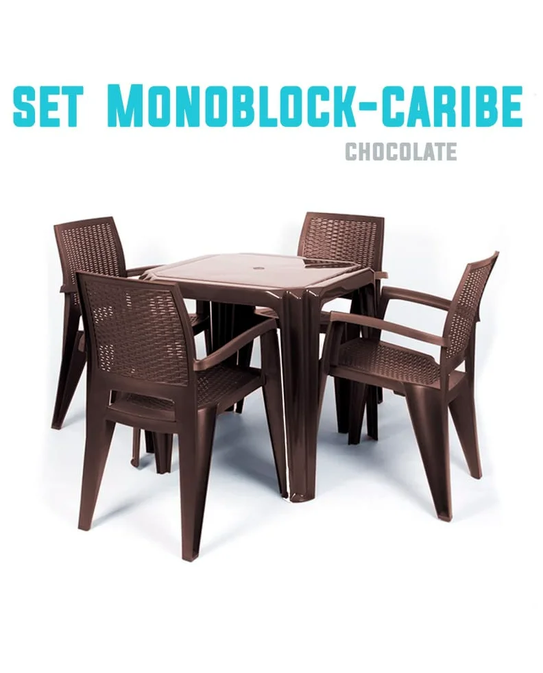 CREVICOSTA QUALITY MARK MARCAS DE CALIDAD - Conjunto Mesa Viana Monoblock + 4 sillas Caribe de Resina (Chocolate)