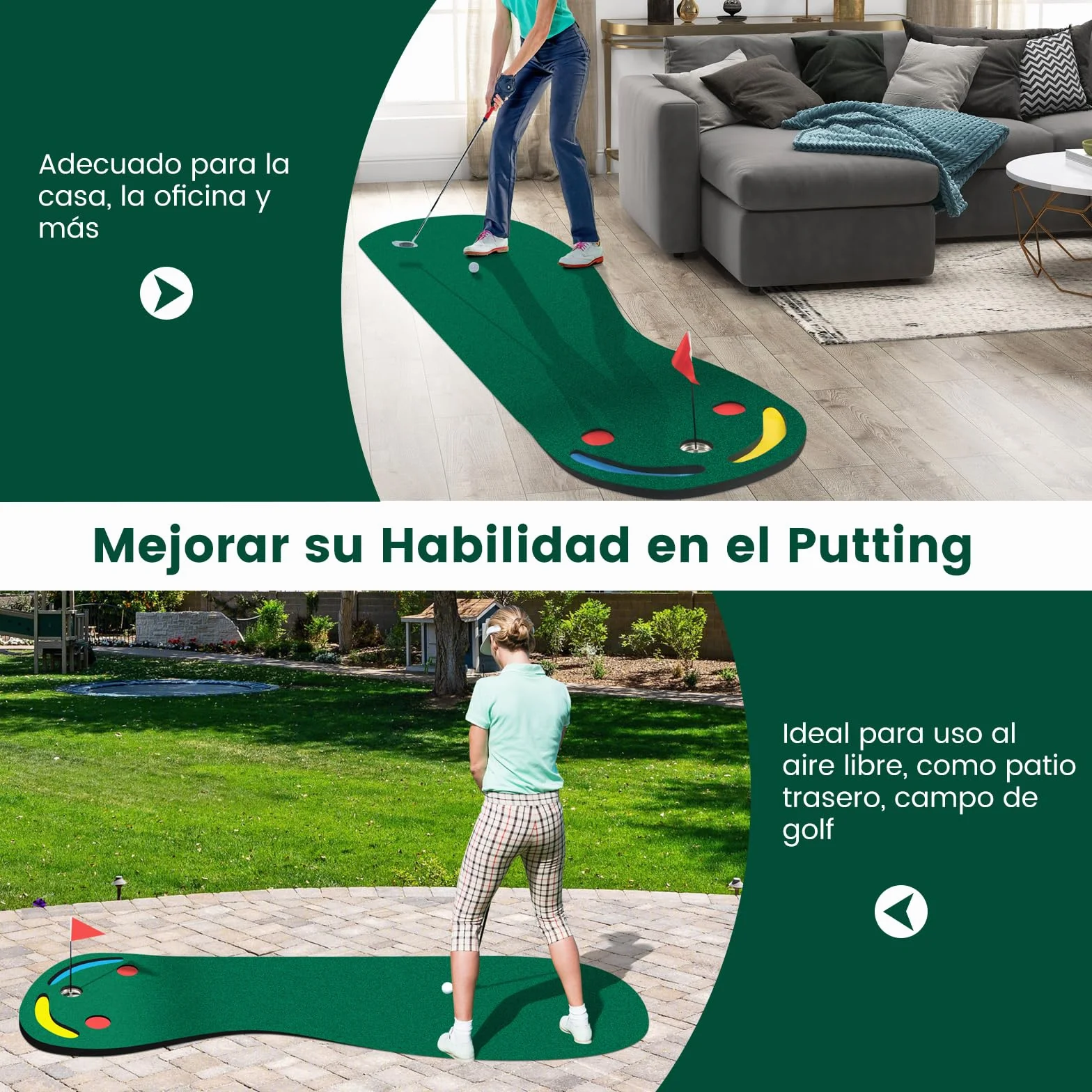 COSTWAY Alfombra de Putting de Golf 300x96 cm Mini Golf con 3 Tazas Bandera y Cubiertas