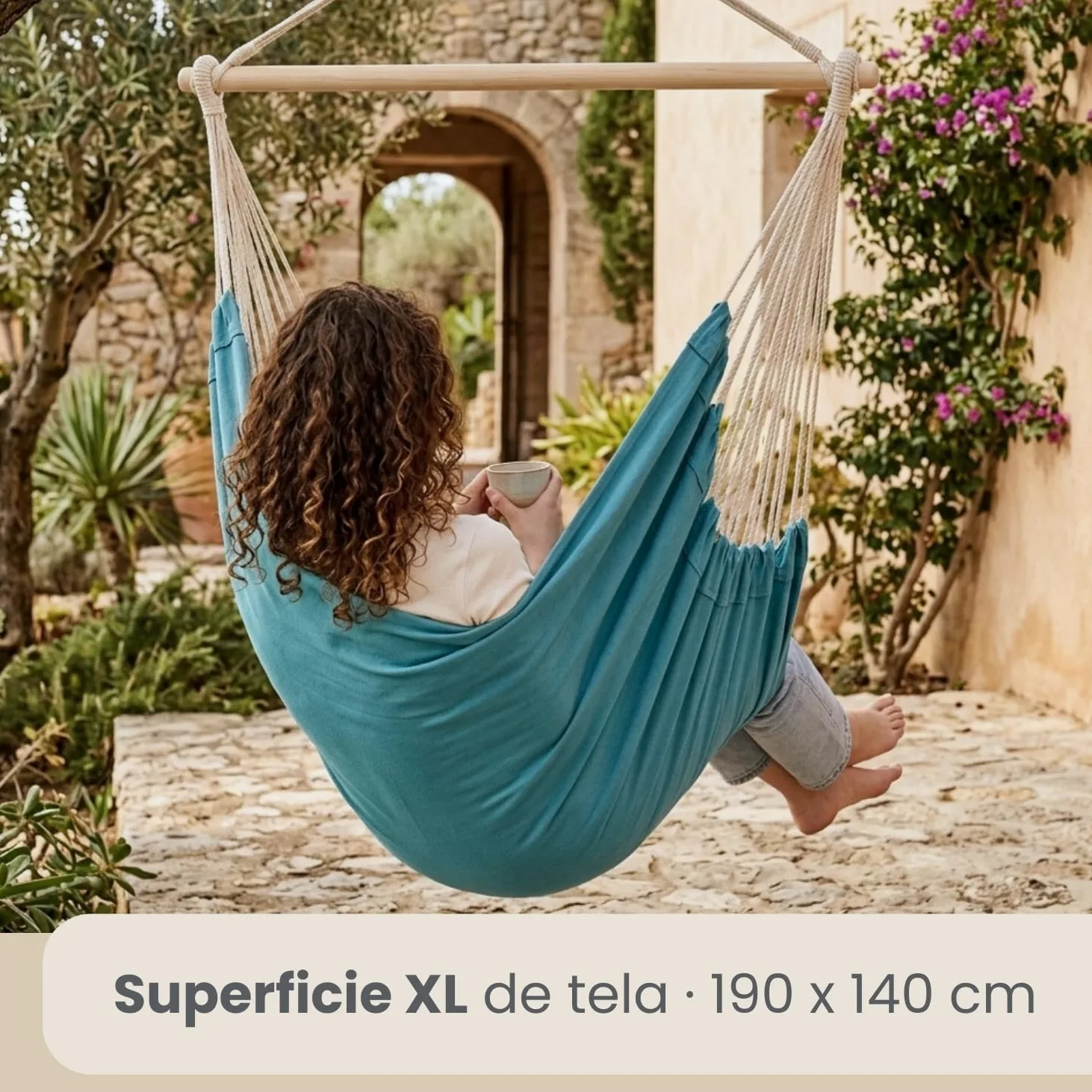 AMANKA Hamaca XXL para Toda la Familia | Asiento suspendido 190x140cm | 100% algodón | Hamaca para el jardín Peso máximo soportado 150 kg | Color Azul Pacifico