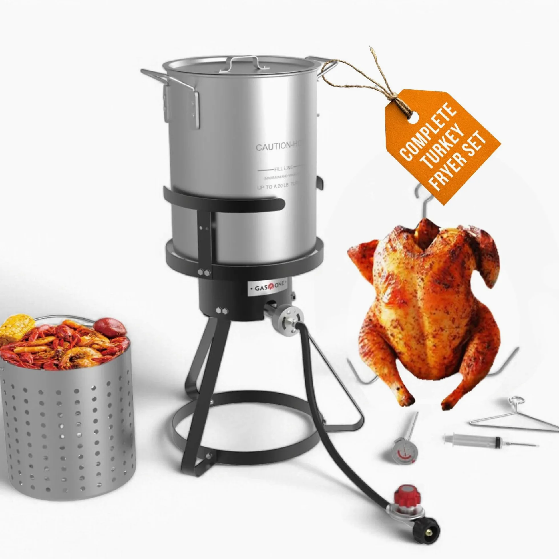 GasOne B-5155-RED - Quemador con olla de vapor para pavos fritos y tamal, con regulador de propano de alta presión y manguera, color rojo QCC