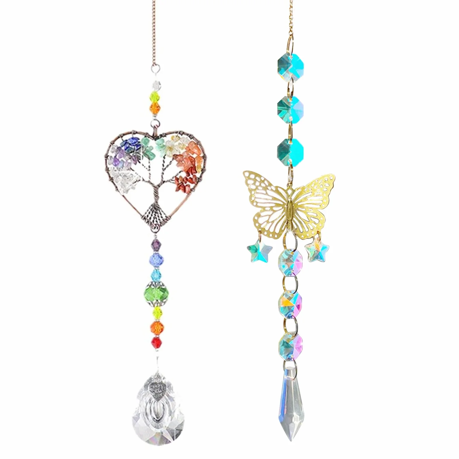 TYXHXTF 2 Piezas Atrapasoles de Cristal, Árbol de la Vida y Mariposa Campanas de Viento, Sun Catcher para Ventanas y Jardines, Prisma Colgante para Casa