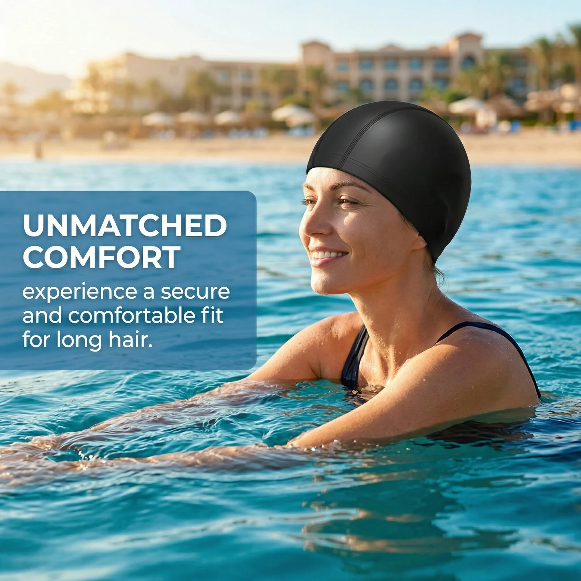 Gorros de piscina elásticos resistentes al agua para mujer y hombre, cabello largo, natación, azul + negro