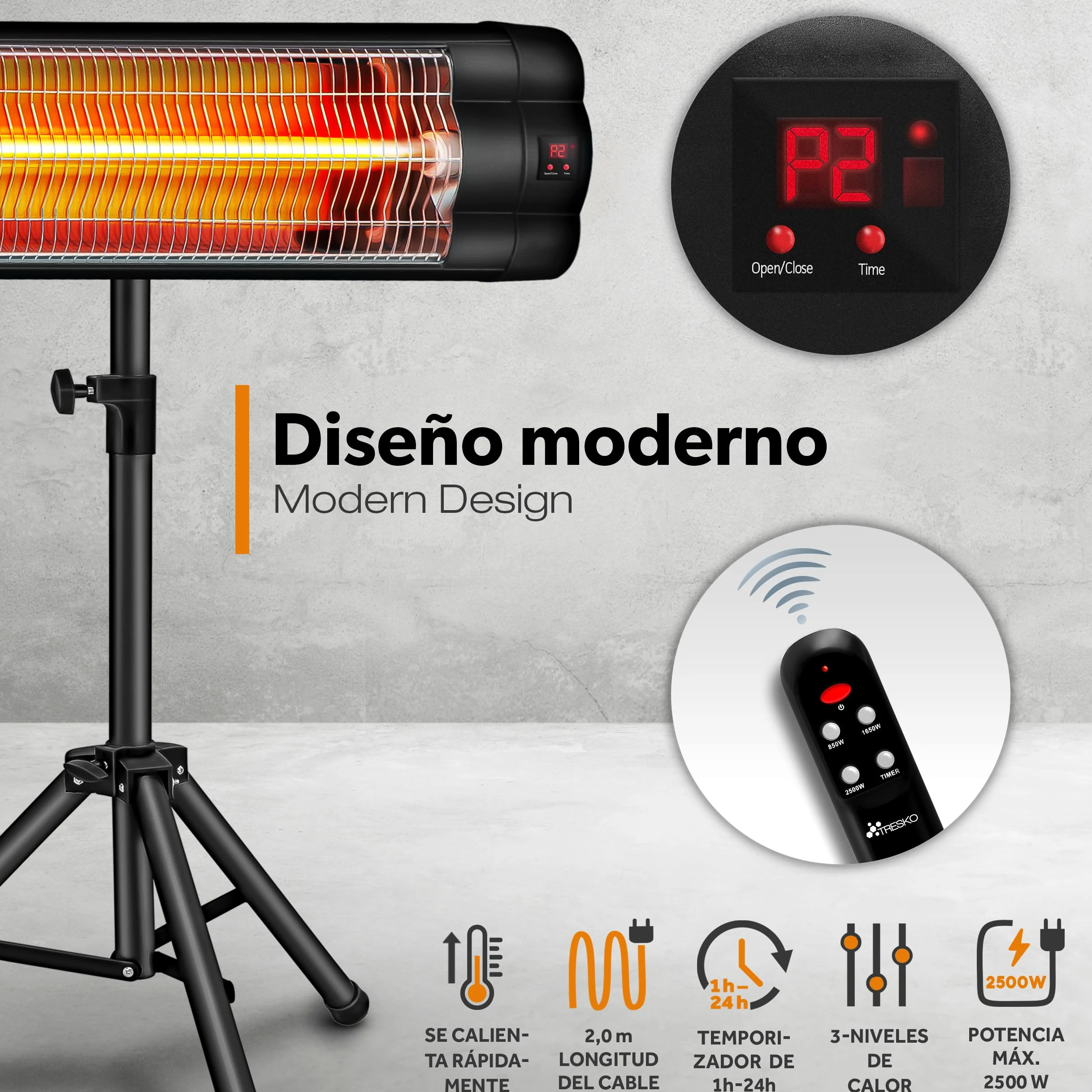 TRESKO Calefactor por Infrarrojos 2500W Control Remoto Estufa Radiante 3 Temperaturas Radiador Eléctrico Exterior Interior Calentador Altura Regulable Negro