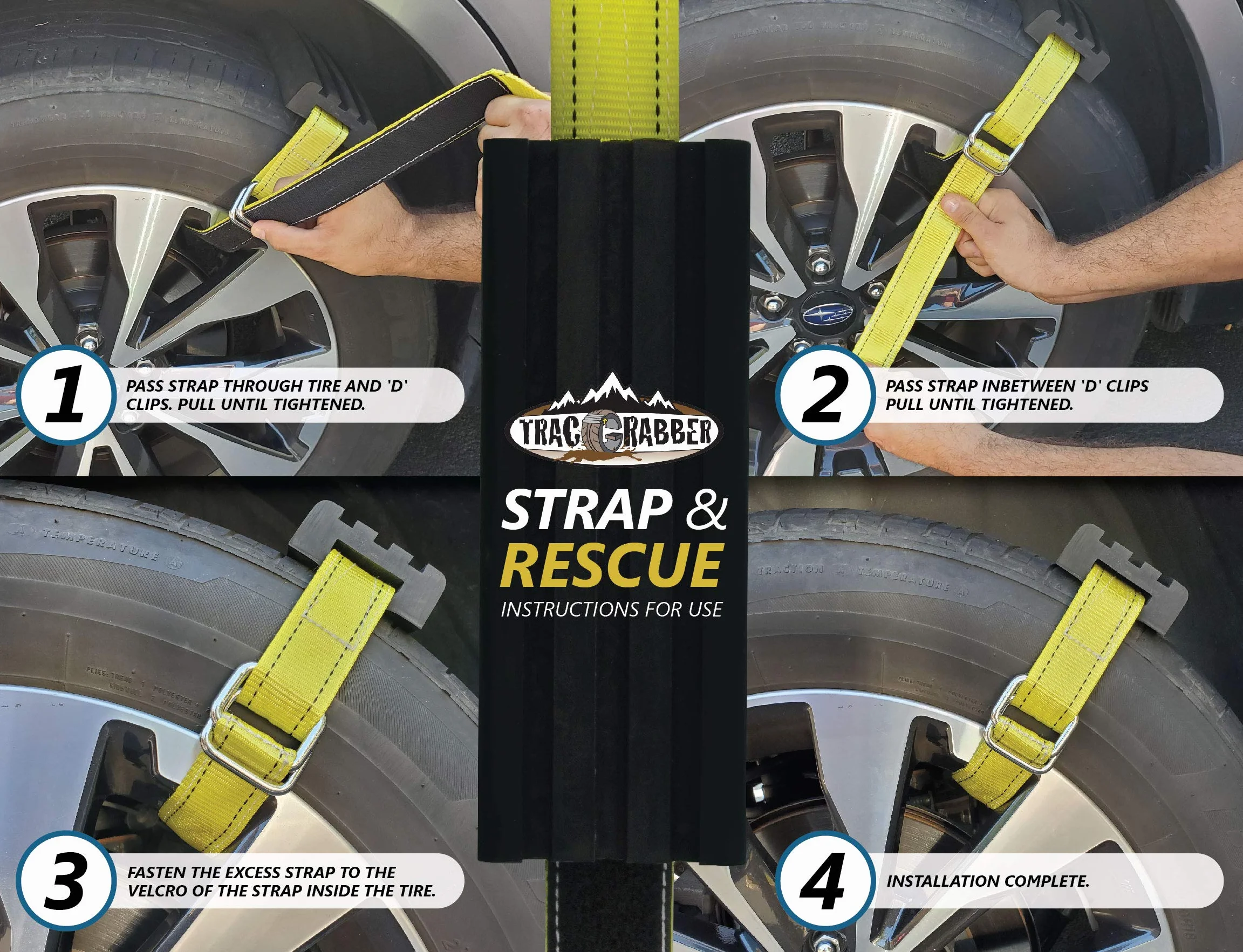TRACGRABBER Dispositivo de tracción para neumáticos set de 4 correas antideslizantes para nieve barro arena alternativa a cadena de nieve