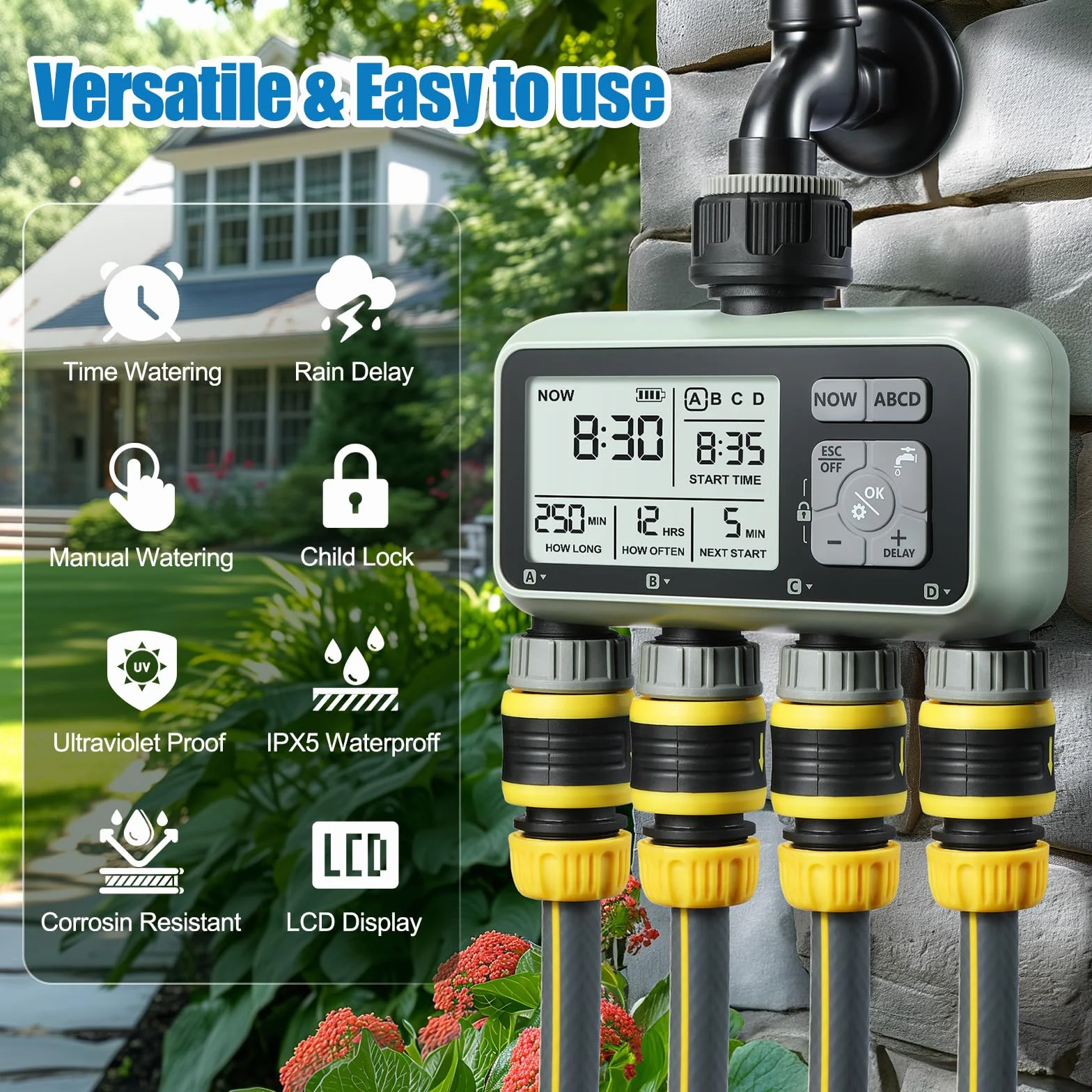 CROSOFMI Programador Riego Automatico Jardin Temporizador Riego con 4 Salidas Independientes Pantalla LCD/Operación fácil/Bloqueo para niños/Retraso por Lluvia intensa/Riego Manual