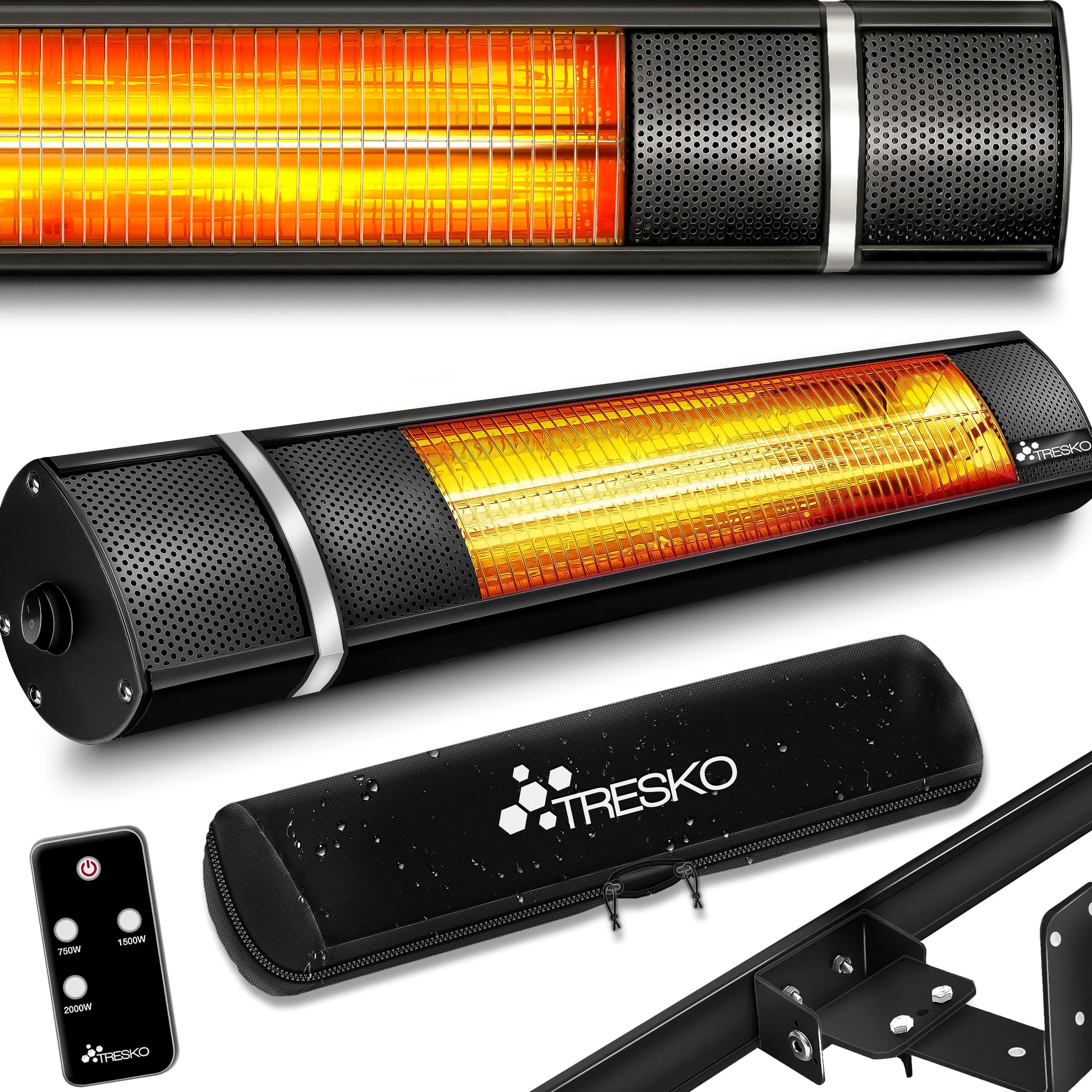 TRESKO Calefactor por Infrarrojos de Pared 2000W Control Remoto Estufa Radiante 3 Temperaturas Radiador Eléctrico Interior Exterior Calentador de Cuarzo Negro