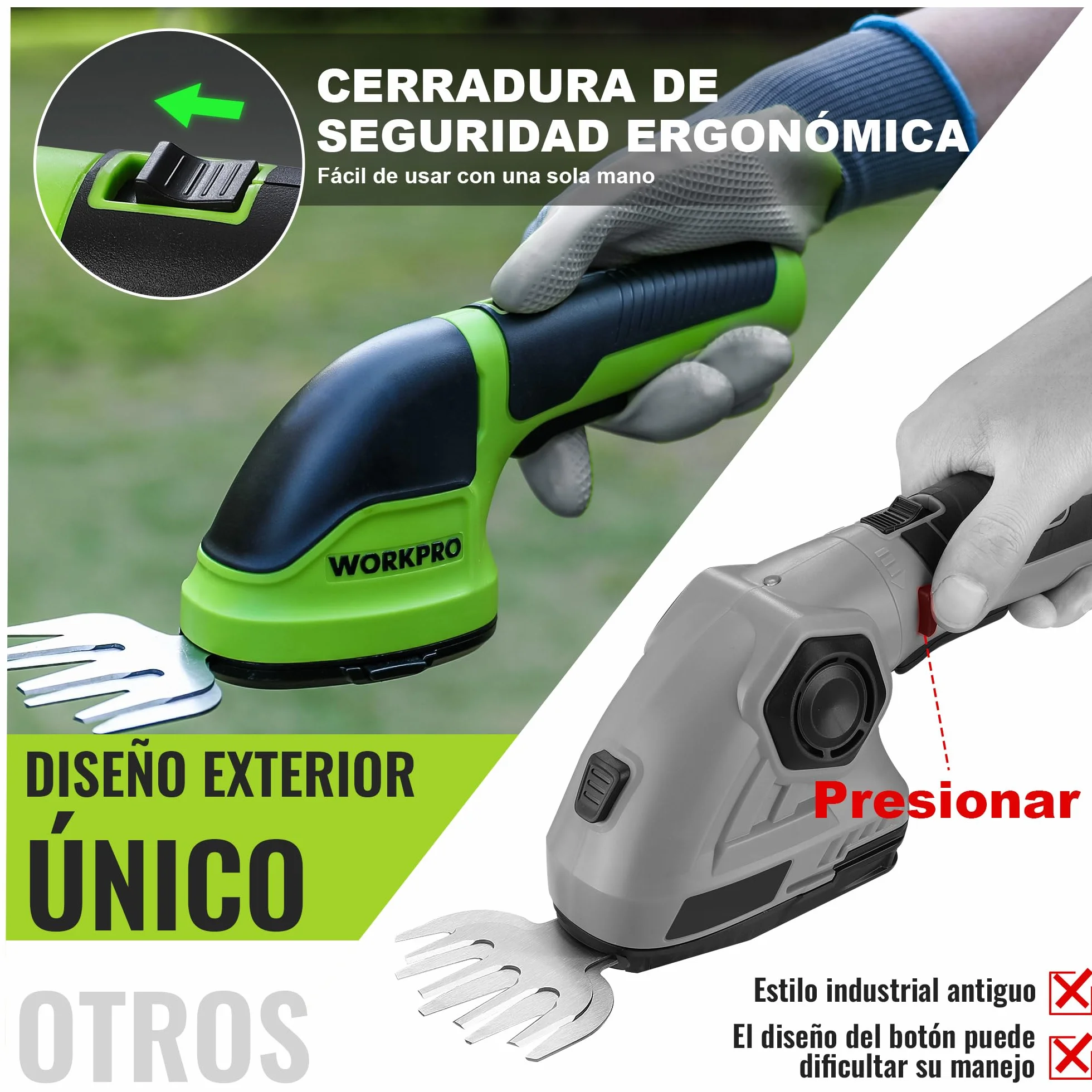 WORKPRO Tijeras Cortacésped y Arreglasetos 2 en 1, 3,6 V Cortasetos a Batería 2 Ah, Tijeras Arreglaseto con 2 Tipos de Cuchillas Ancho de Corte 75 mm, 118 mm, Herramienta para Jardín (Verde)