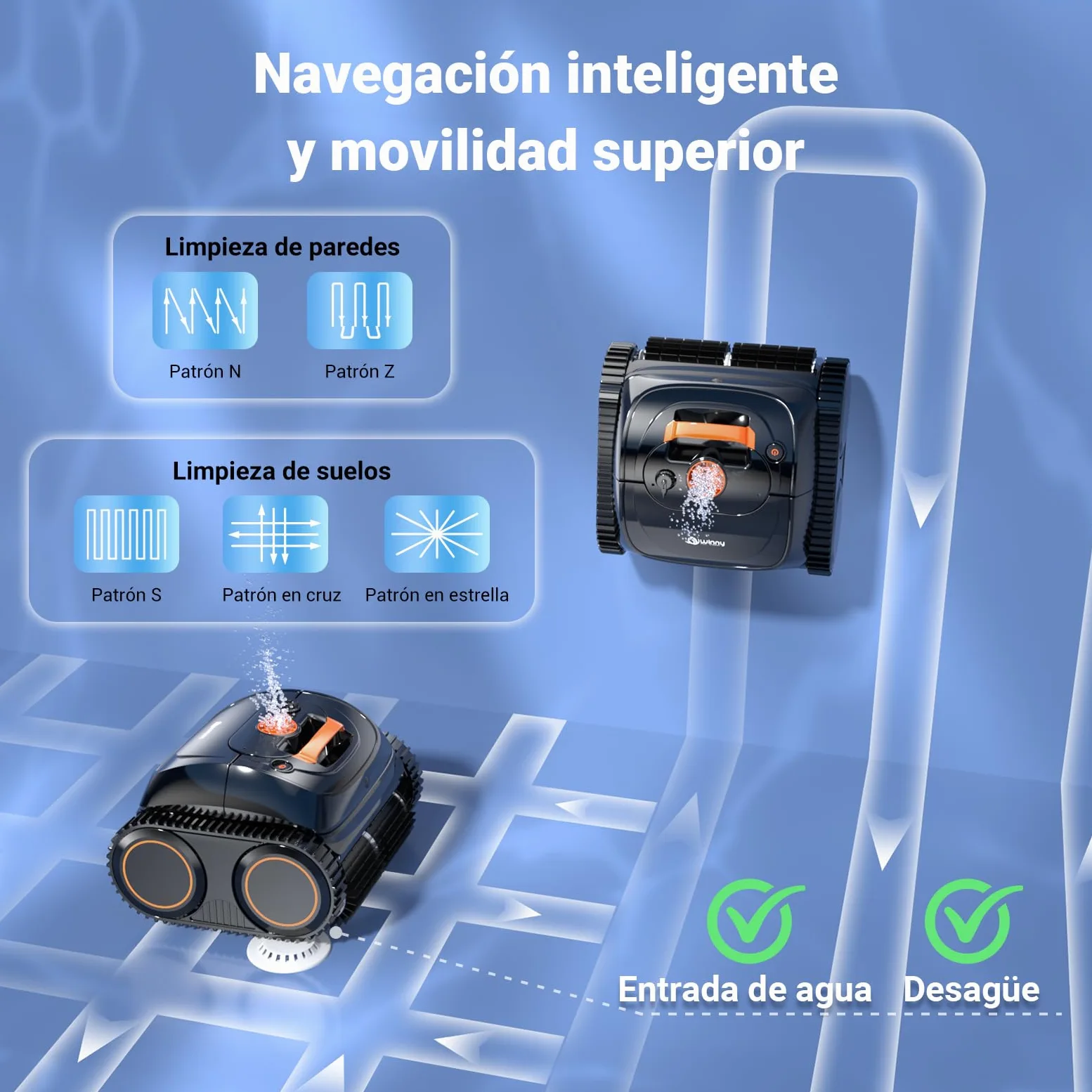 WINNY POOL CLEANER Winny C1 Robot Piscina y Limpiafondos Piscina-Sin Cables, 150 min de Autonomía, Limpia Paredes y Fondo, Navegación Inteligente, Auto-Aparcamiento, Naranja Negro