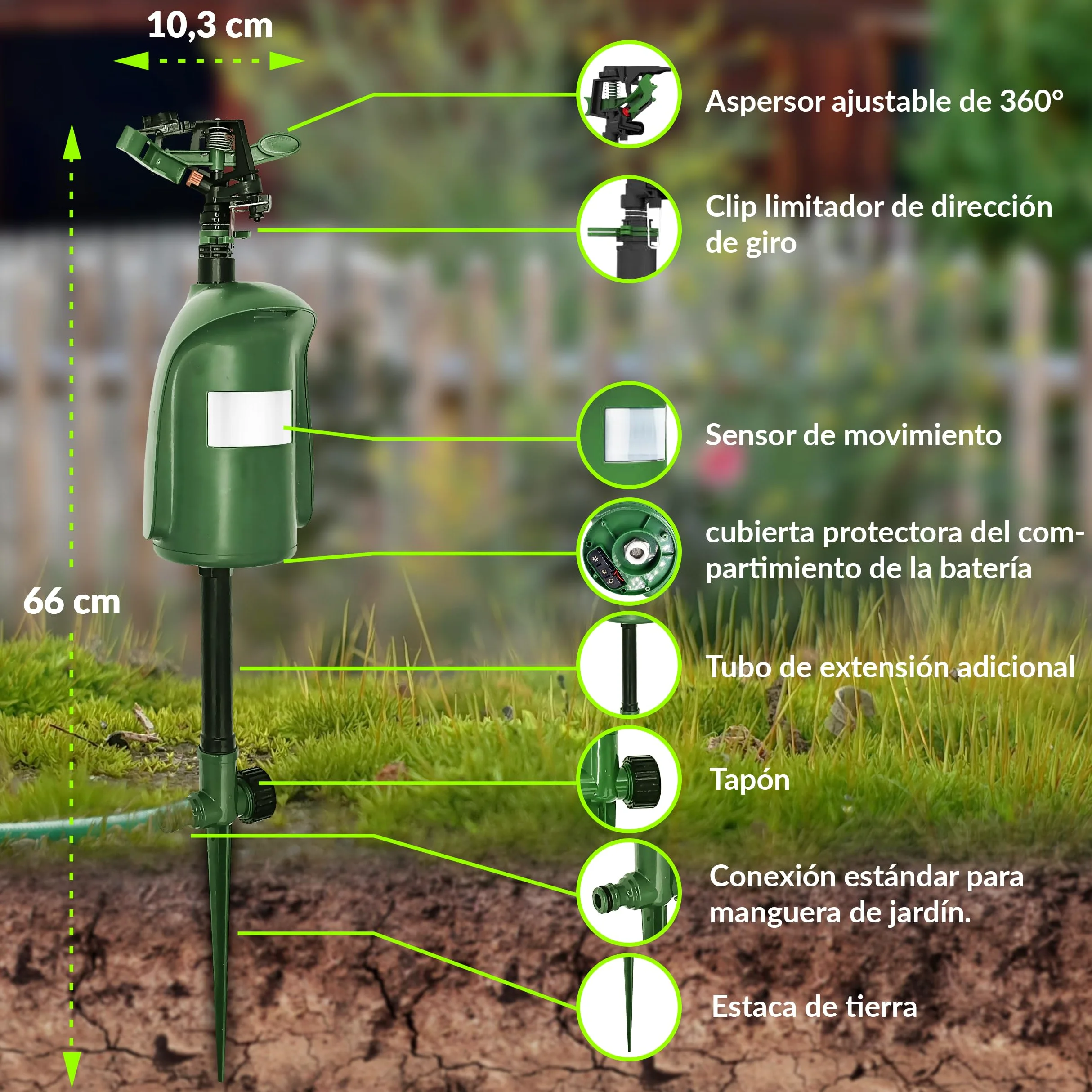 ISOTRONIC Repelente de Animales con Chorro de Agua — Ahuyentador de Gatos y Garzas con Detector de Movimiento 120° — Radio Ajustable para Jardín y Estanque — Defensa Eficaz (2 Unidades)
