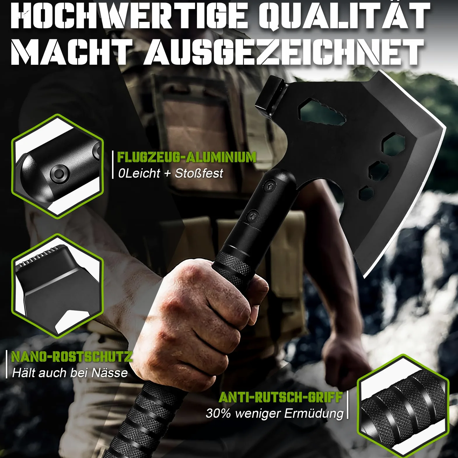 Japaknives Hacha de Supervivencia Hachas Multiusos de Doble Hoja Hacha de Camping 8 en 1 para Cortar leña bushcraft y jardinería