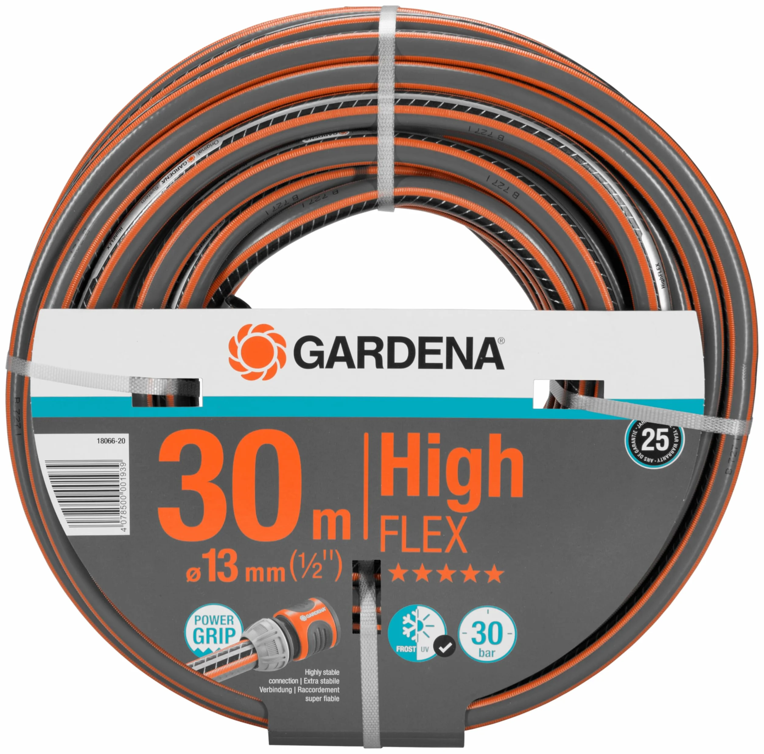 Gardena Manguera de jardín con perfil de agarre eléctrico, Presión de ruptura de 30 bar, Dimensionalmente estable, Resistente a los rayos UV, Color Negro/Gris/Naranja, 30 m