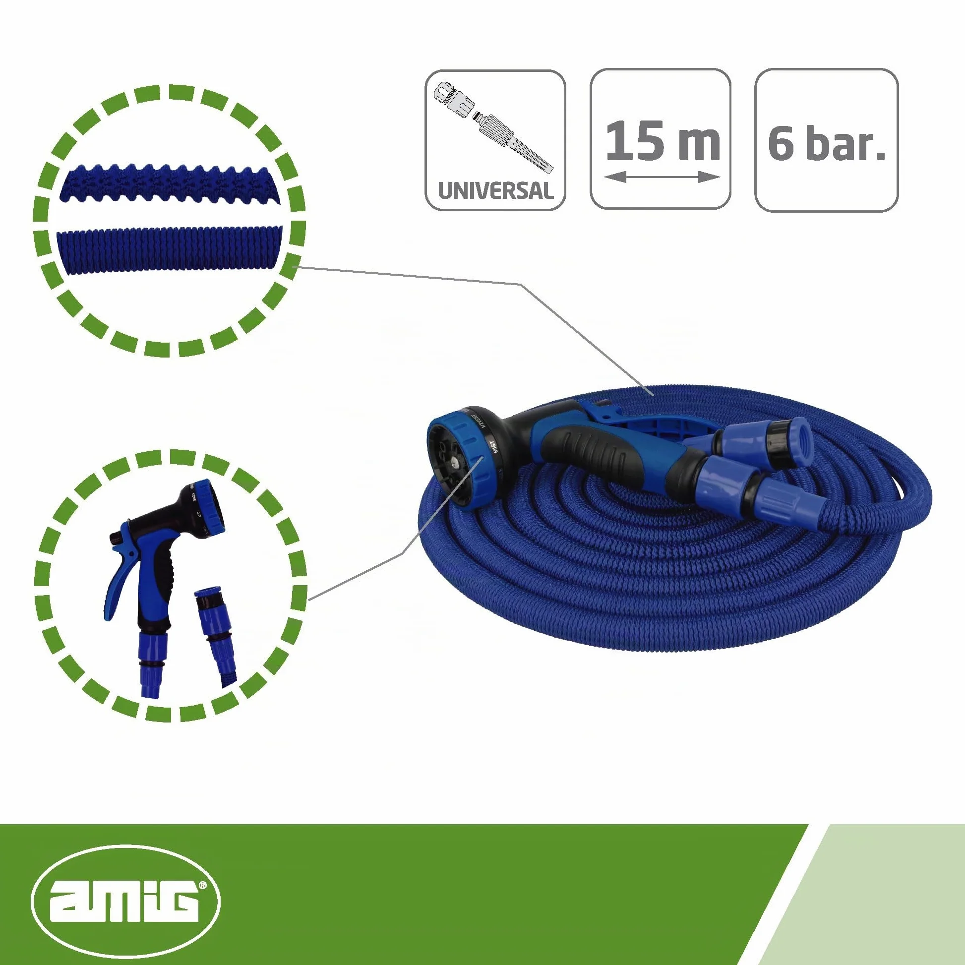 Amig - Manguera Extensible - 15 metros - Incluye Accesorios y Pistola de Riego de 9 Funciones - Soporta Hasta 6 bar. de Presión - Color Azul - Doble Látex