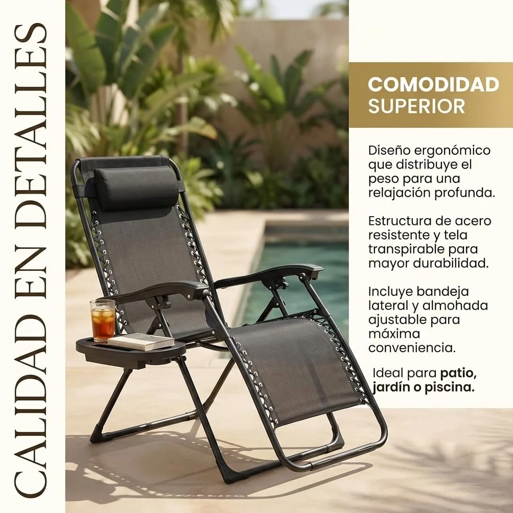 Tumbona Plegable para Exterior | Reposapiés y Cojín Ajustable | Silla Reclinable Bandeja Lateral para Bebidas, Móvil y Libros | para Terraza, Camping, Playa, Piscina (Negro)