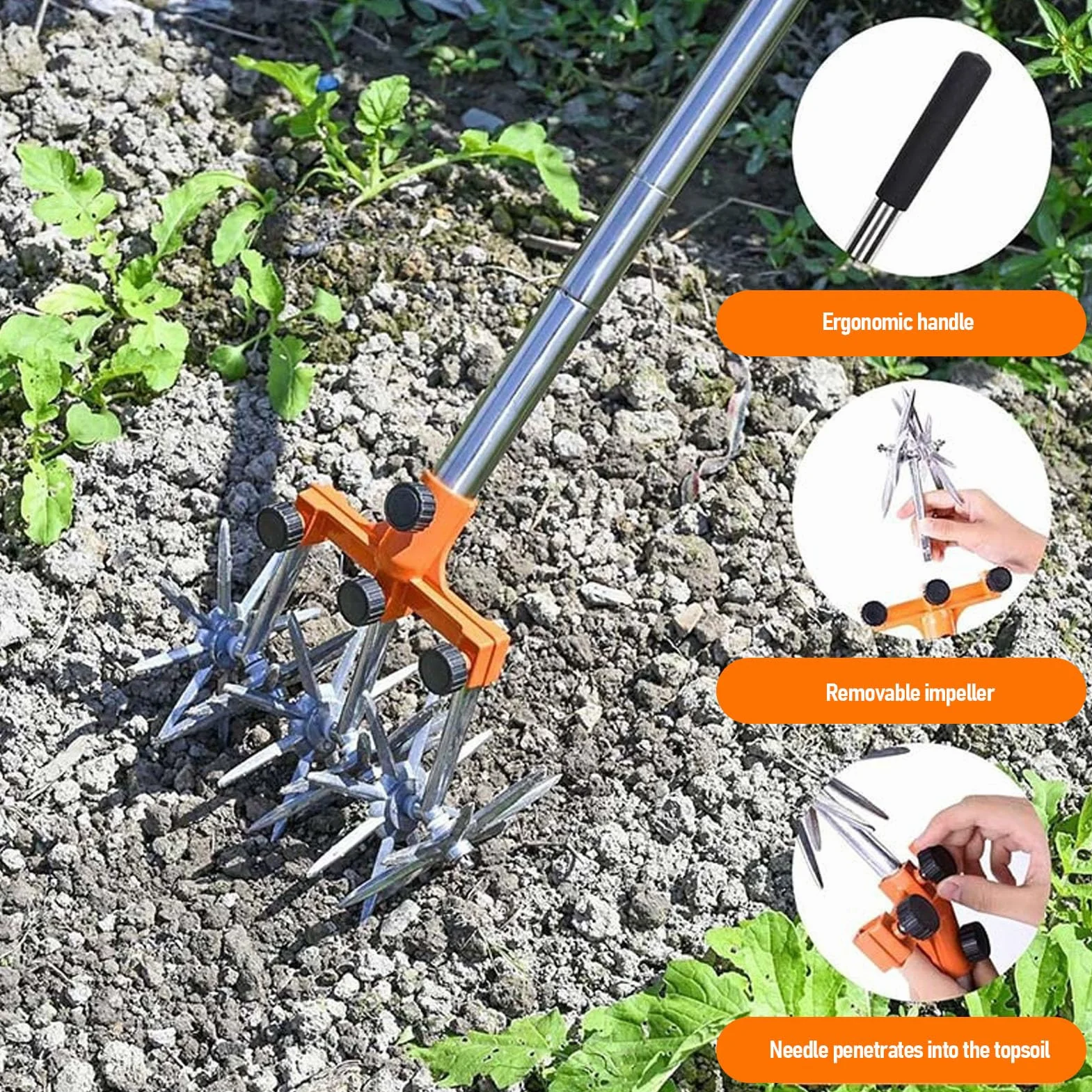 Cultivador Manual de Manual de Tiller, Acero Inoxidable Liviano con 3 Impulsores Intercambiables, Manija y Ruedas Ajustables, Fácil de Ensamblar y Moverse