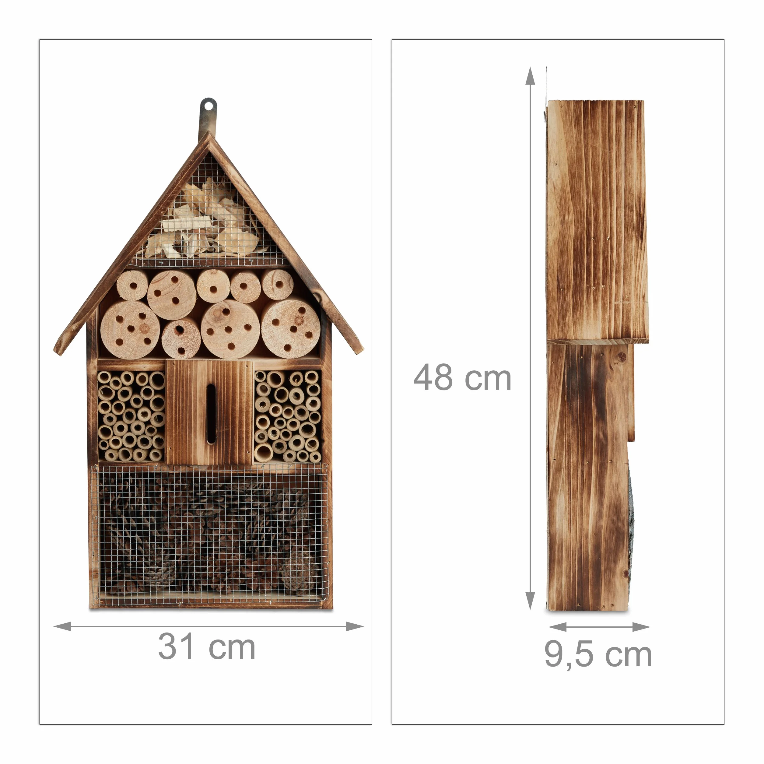 Relaxdays Hotel de Insectos, Casa para Bichos de Jardín, Casita Abejas y Mariquitas, Madera Efecto Quemado, Natural