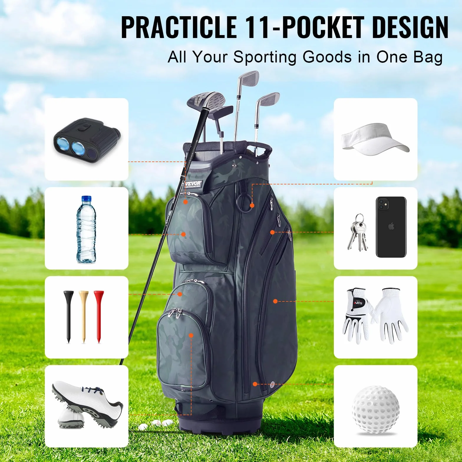 VEVOR Bolsa para Carrito de Golf 14 Vías, Organizadora Divisora, Bolsa de Soporte Duradera con Asas y Cubierta Antipolvo