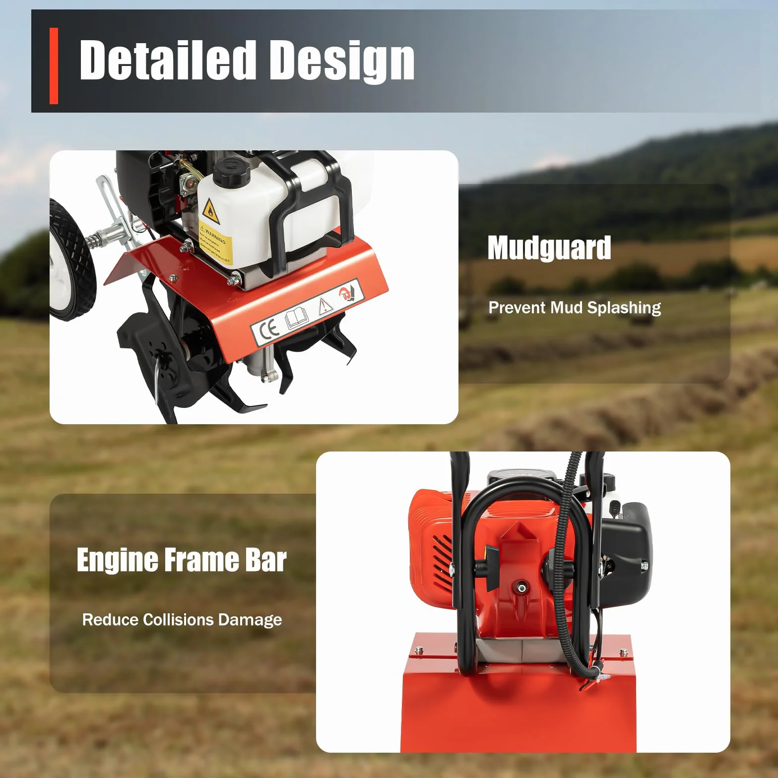 Motocultor Gasolina, 52 cc Cultivador térmico, 1,9 kW 6500 rpm Motoazada, 4 cuchillas de acero de Manganeso, aflojamiento del suelo jardín huerto invernadero huerto, ligero, 15 kg, ancho 30 cm