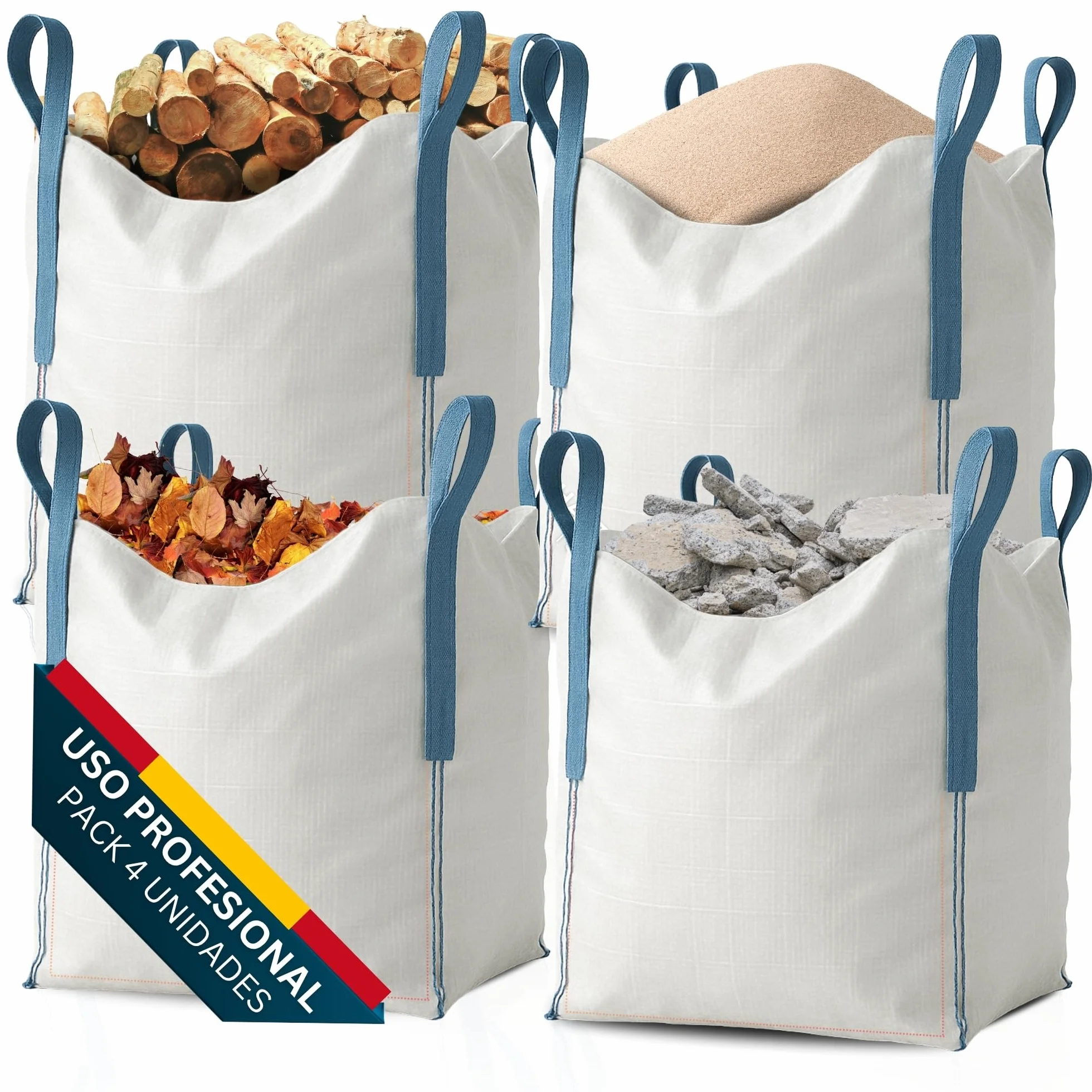 [x4 Sacos] Saco Big Bag 1000kg | Sacos Escombros Obra 80x80x90 cm | Big Bags Resistentes y Reutilizables para Jardín, Arena, Grava, Leña y Sacas 1000kg para Reparto