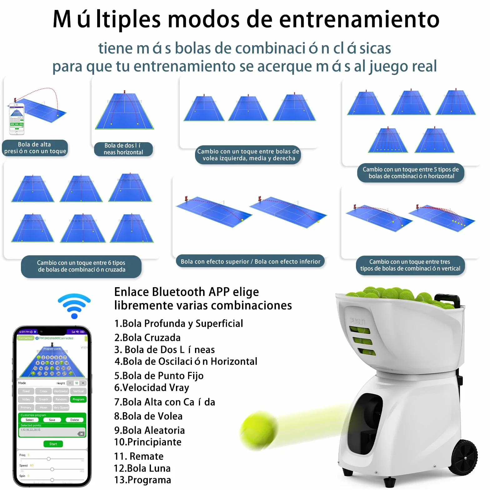 PUSUN PT-MAX Máquina Lanzapelotas de Tenis Avanzada 28 Puntos 26 Modos 140km/h 5-7 Horas Batería
