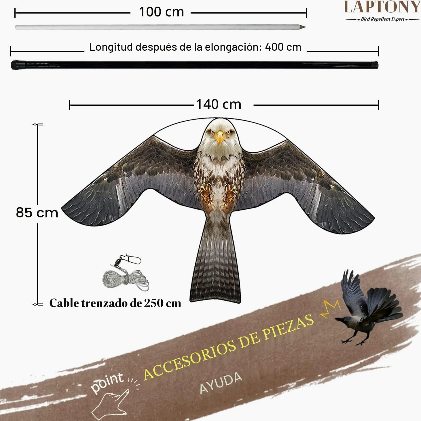espantapájaros Cometa voladora Cultivos Protector de Aves halcón Cometa voladora para el jardín y la Granja Cometa con Poste telescópico de 4 m