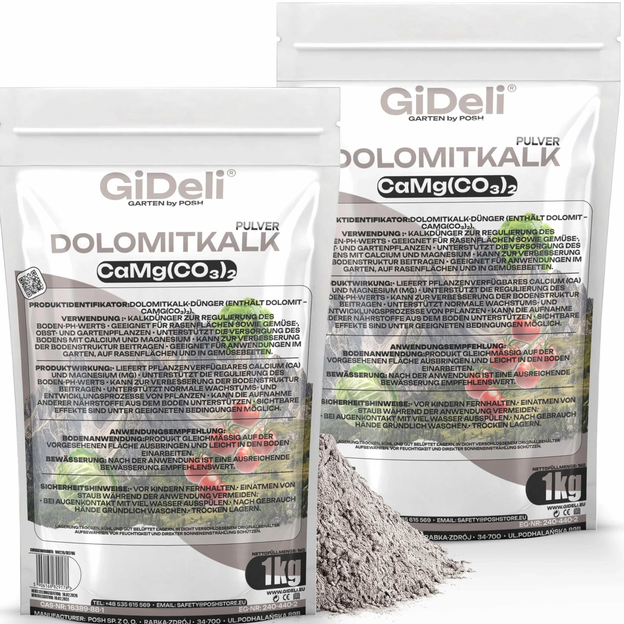 GiDeli Cal Dolomítica 2x1kg - Corrector del pH del Suelo y Acción Antimusgo - Cal para Césped y Huerto - Enmienda Natural en Polvo con Calcio y Magnesio