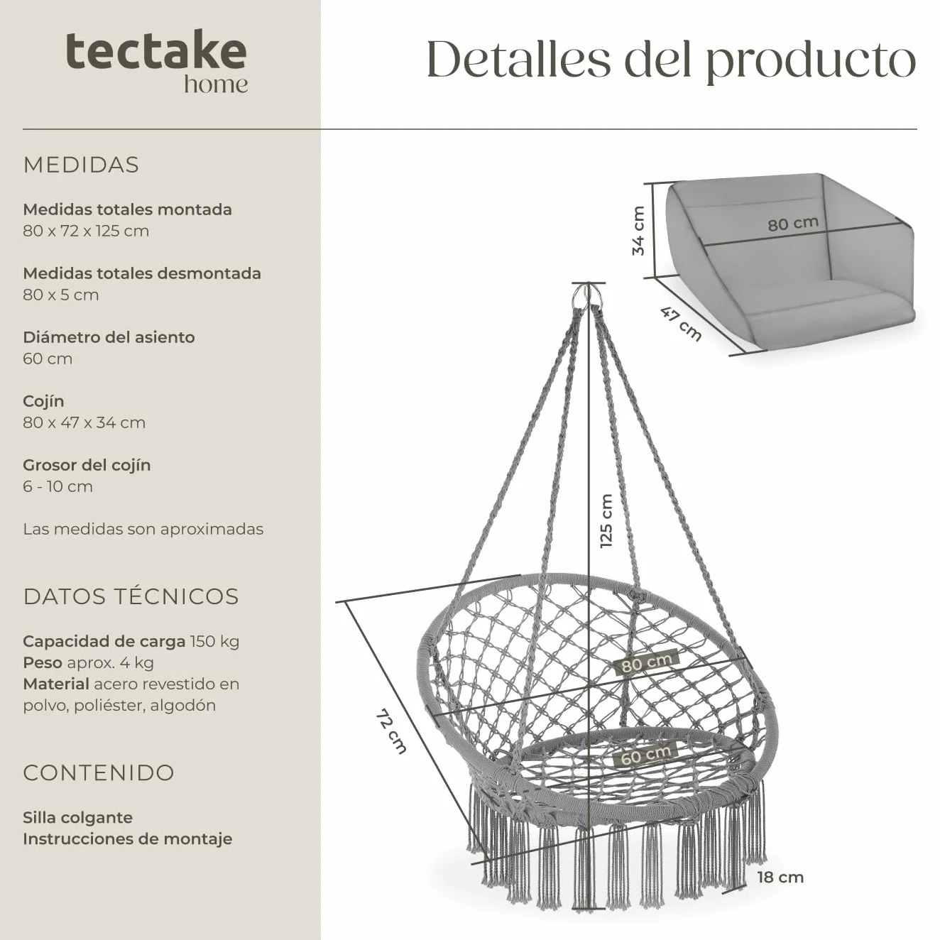 tectake® Columpio Jardín Exterior, Silla Colgante con Cojín Grande y Mullido, Sillón Balancín con Estructura Estable de Acero, Hamaca Colgante para Interior y Exterior, Trenzado en Algodón - Gris