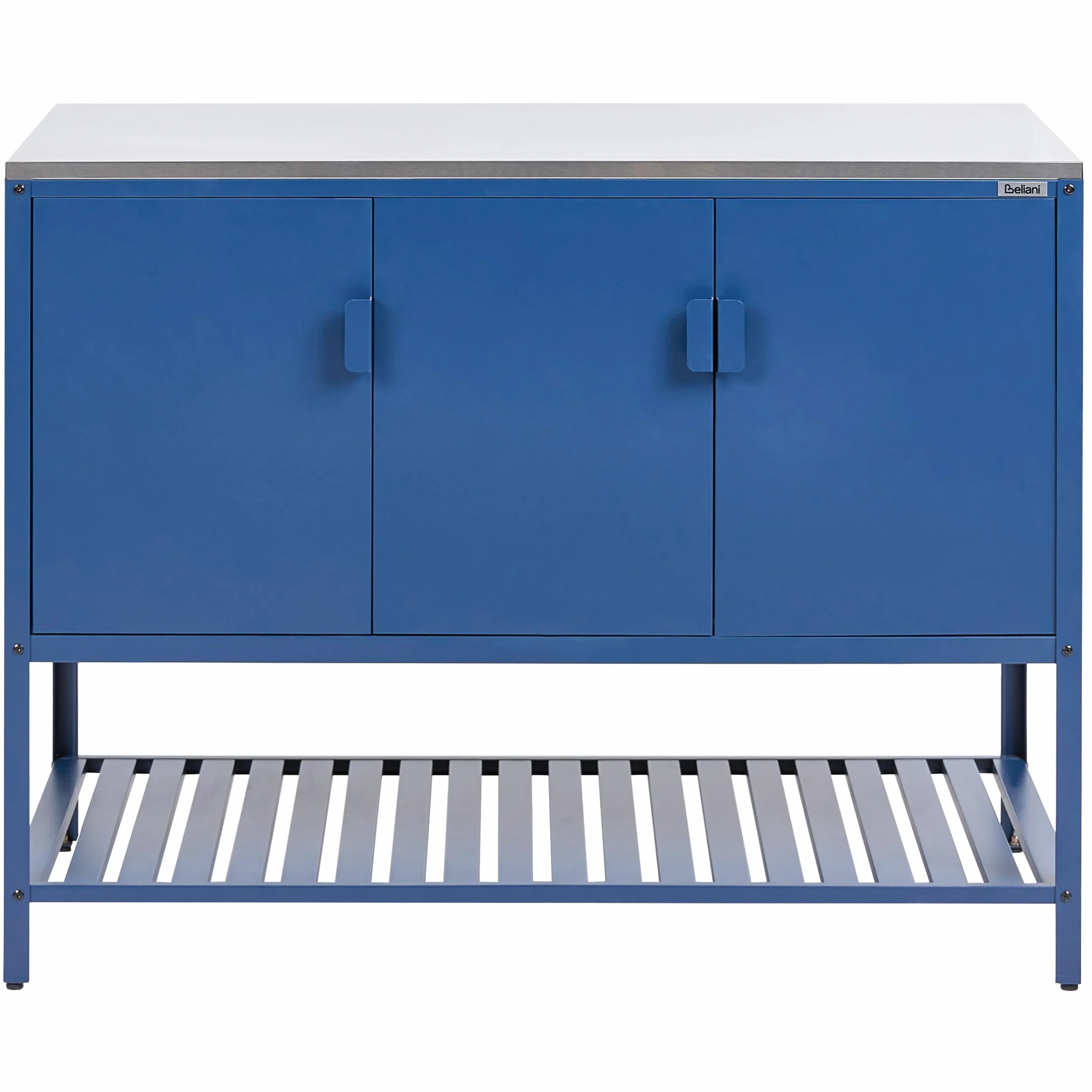 Beliani Conjunto de Armario de Cocina y Mesa de Bar para Exterior de Acero 3 Puertas encimera de Acero Inoxidable jardín Azul Maenza