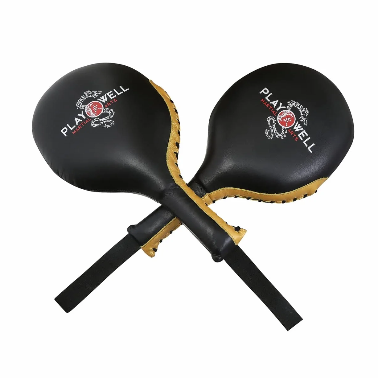 Playwell Champion Pro Paletas de boxeo de cuero genuino Negro/Oro Par