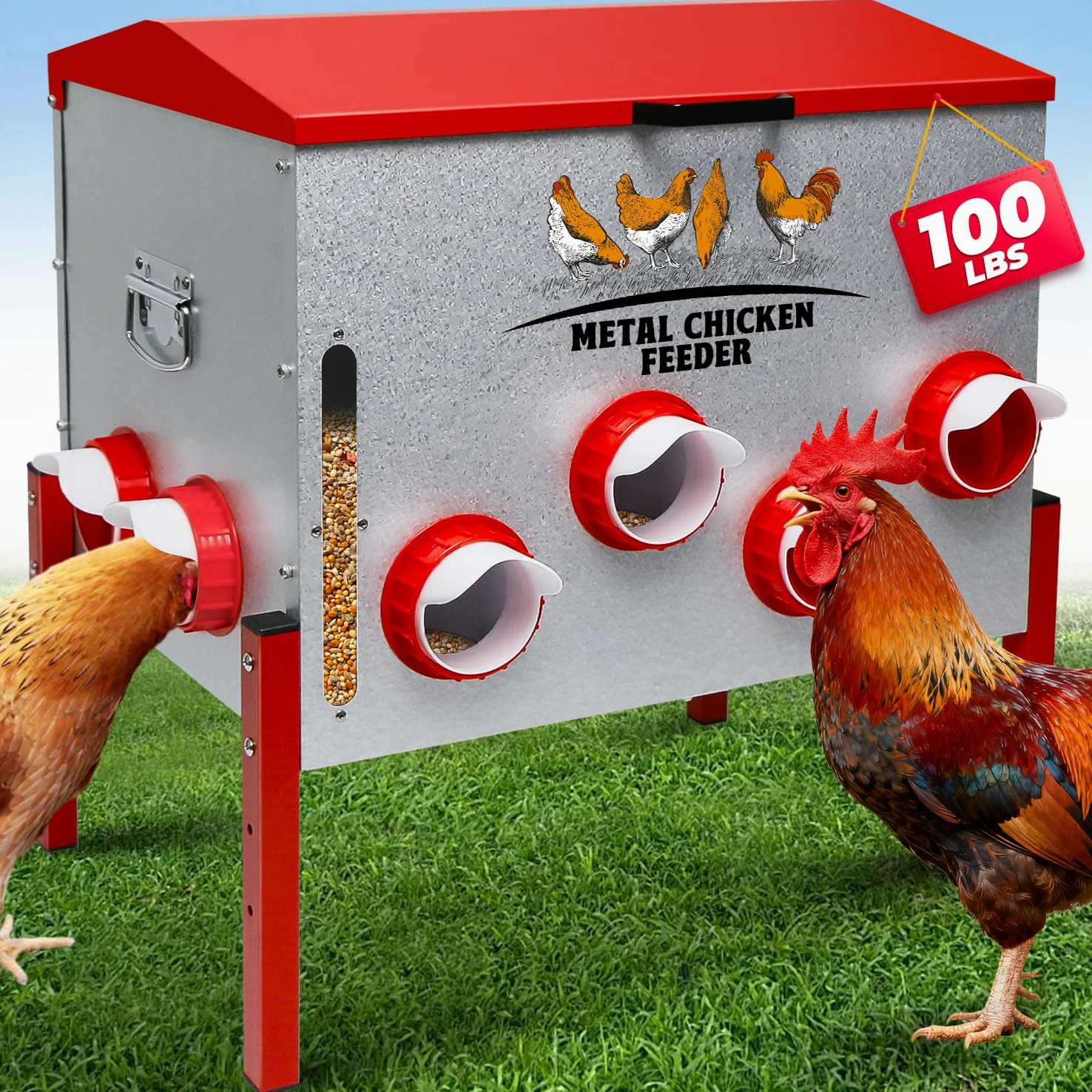 Comedero automático para pollos de 100 libras, gran capacidad, 12 puertos antiresiduos, comedero de metal para aves de corral con soporte de altura ajustable, caja de alimentación impermeable a prueba